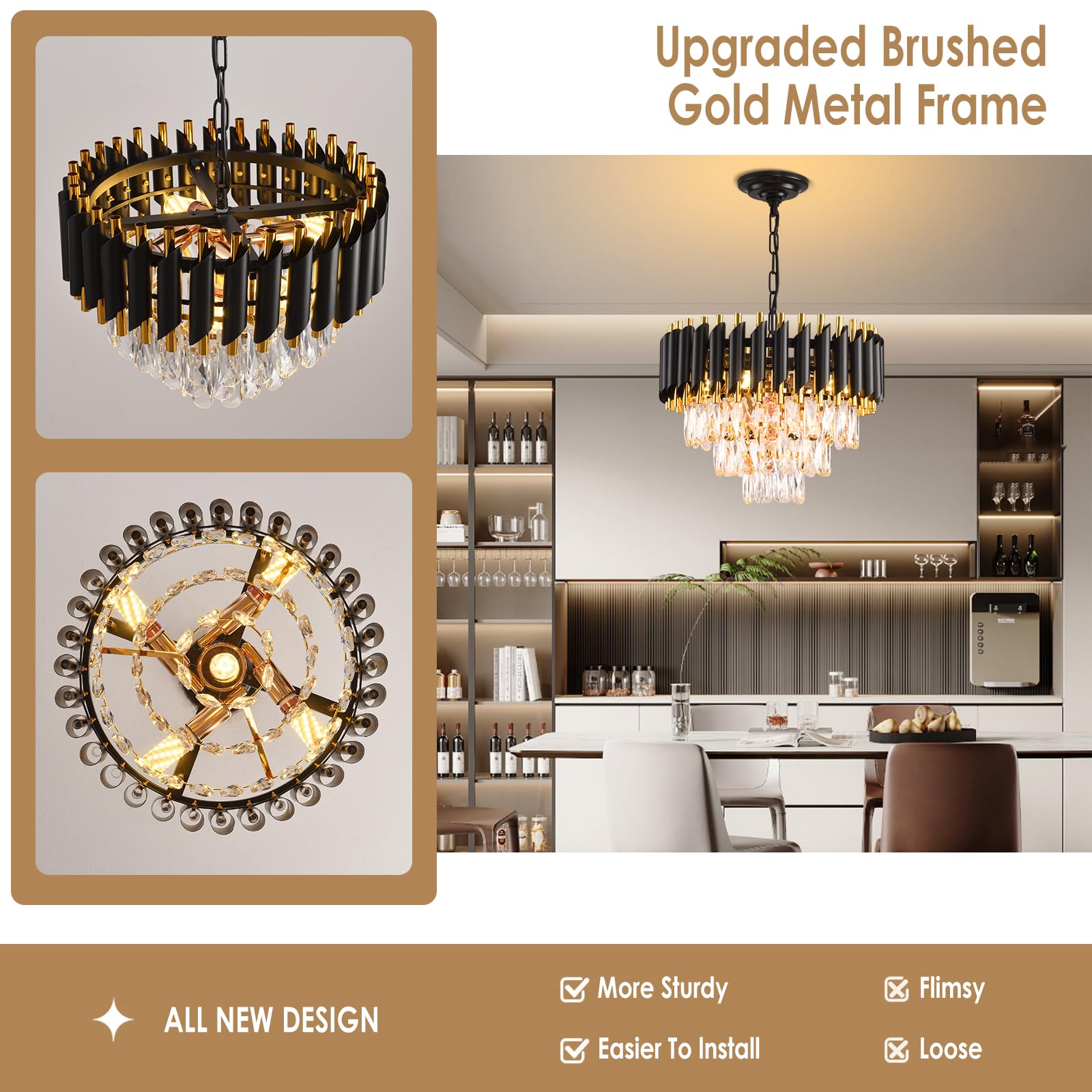 Modern Crystal Chandelier Black And Gold Chandelier 3-Tier Round Chandeliers Pendant Ceiling Light Fixture Flush Mount Chandelie
