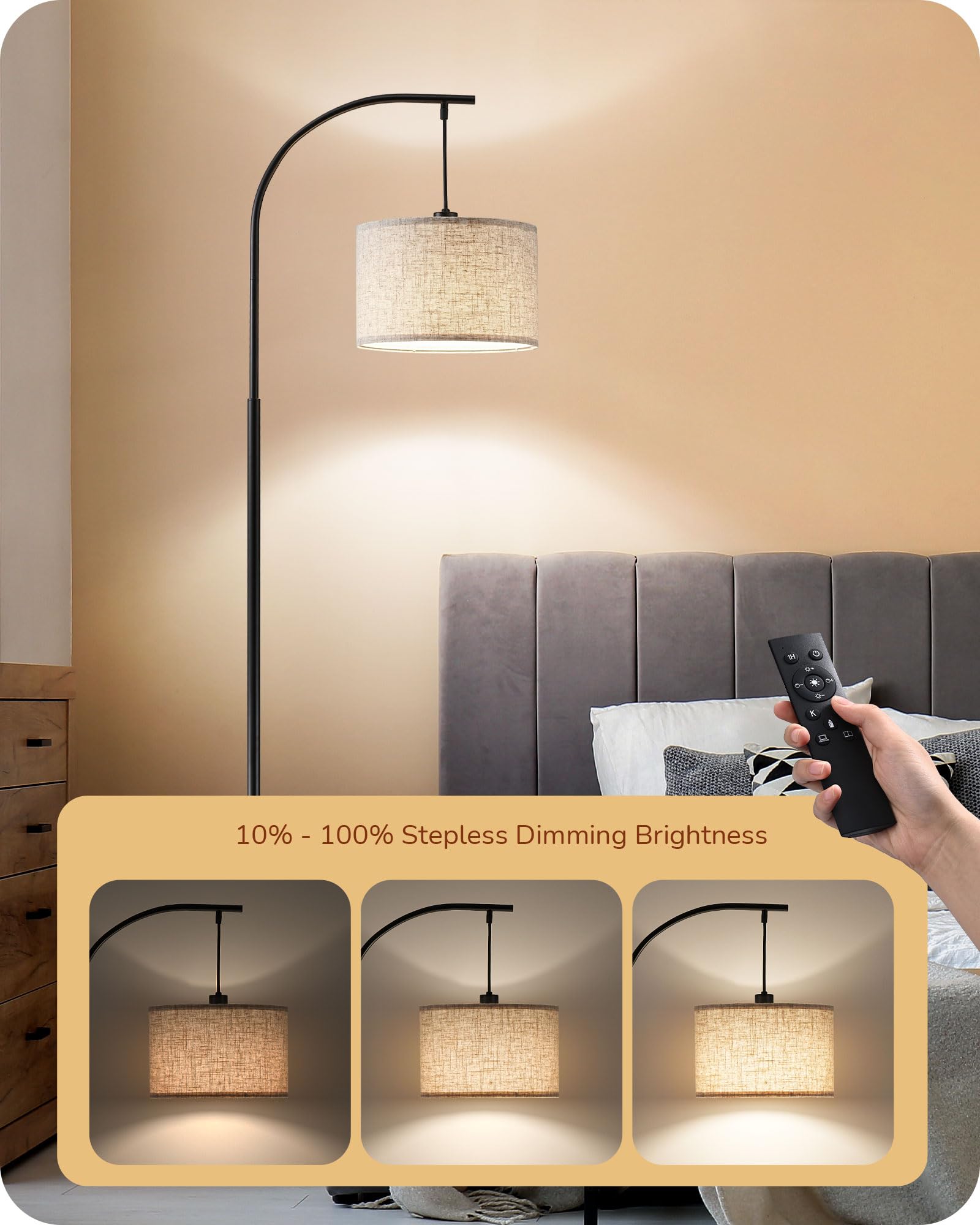 Edishine Modern Arc Floor Lamp With Beige Linen Drum Shade & Heavy Base, Dimmable Black Reading Light, Remote Control Bulb Inclu