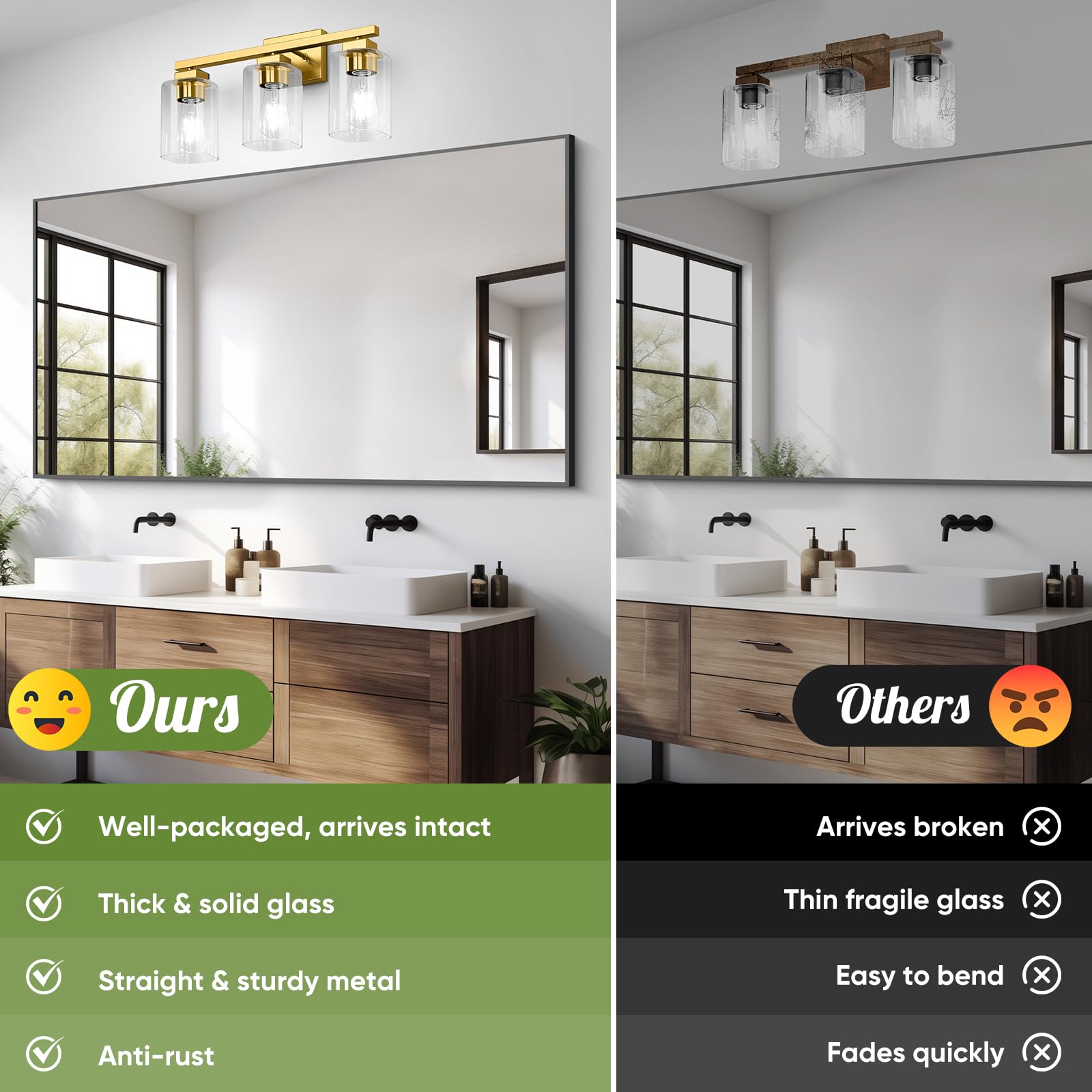 Beslowe 3-Light Bathroom Light Fixtures, Modern Gold Bathroom Vanity Light, Bathroom Lighting Fixtures Over Mirror, Matte Gold B