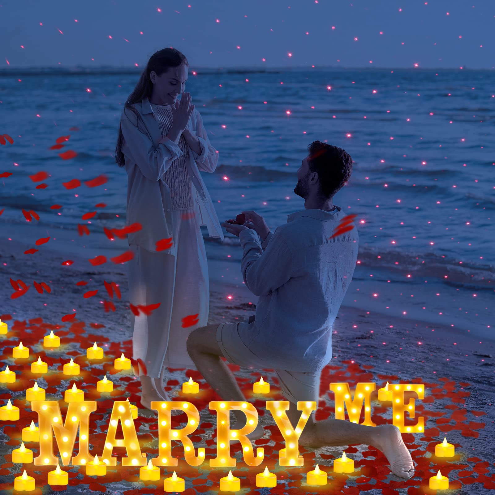 Fumete Letter Lights Night Light with 4000 Rose Petals & 72 Candles, USB Powered, Red, Model Fumete-Night Light-06