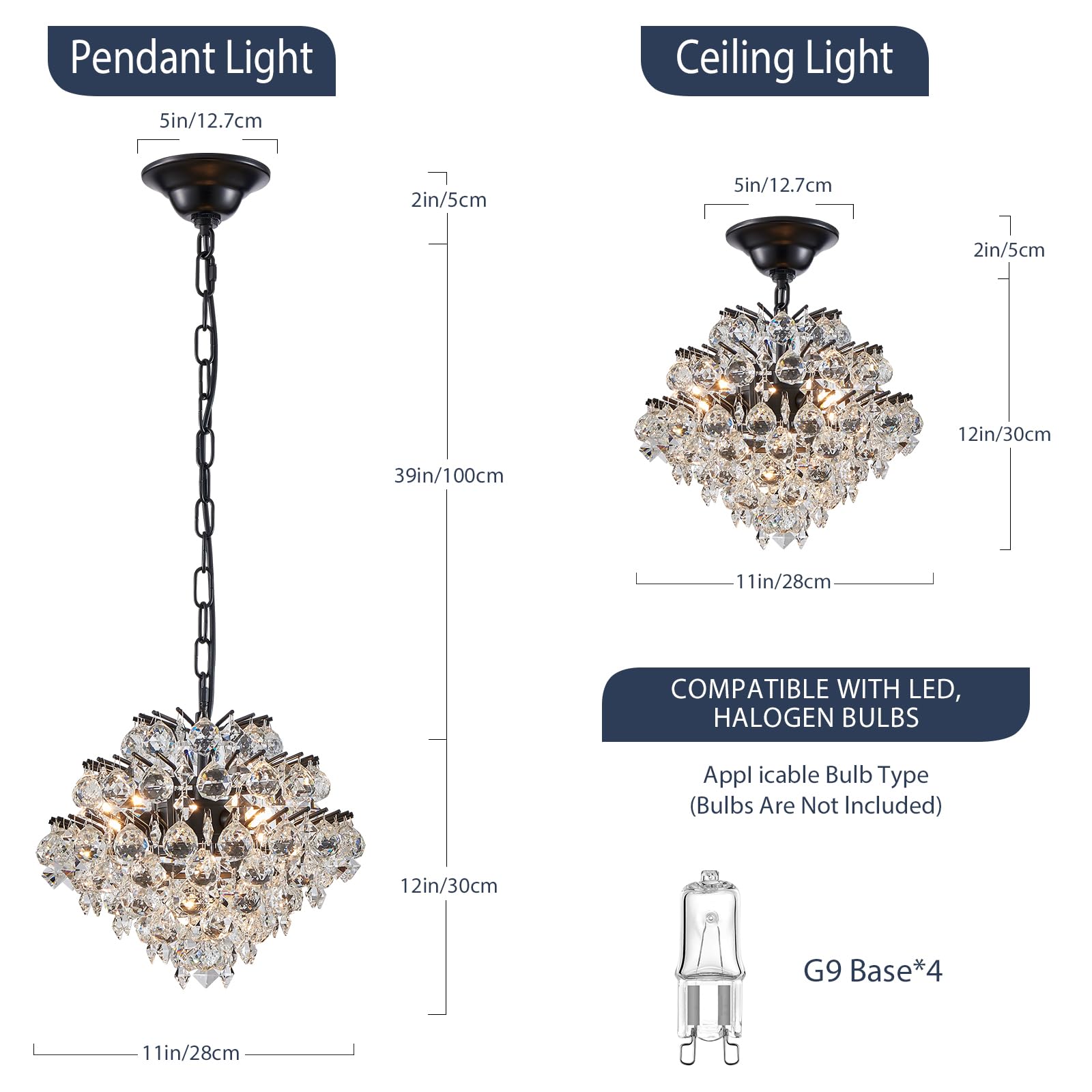 Bestier Black Modern Pendant Chandelier, Crystal Raindrop, D11" x H12", 4 G9 Bulbs, Ceiling Light Fixture for Dining Room, Bathroom, Bedroom, Living Room