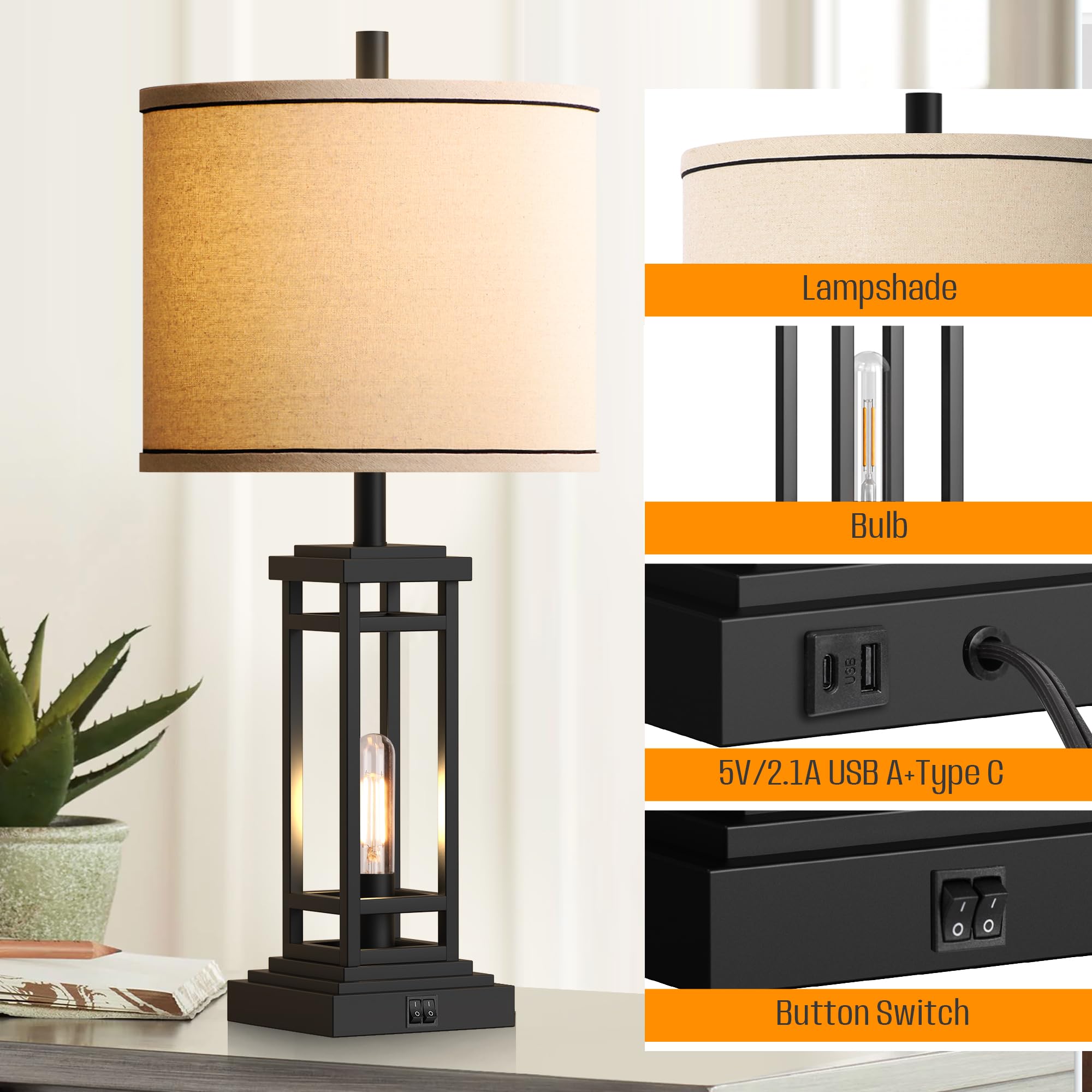 ROTTOGOON 27.5in Farmhouse Table Lamp, Metal, USB C & A Ports, Black, Model ROLP380AB1