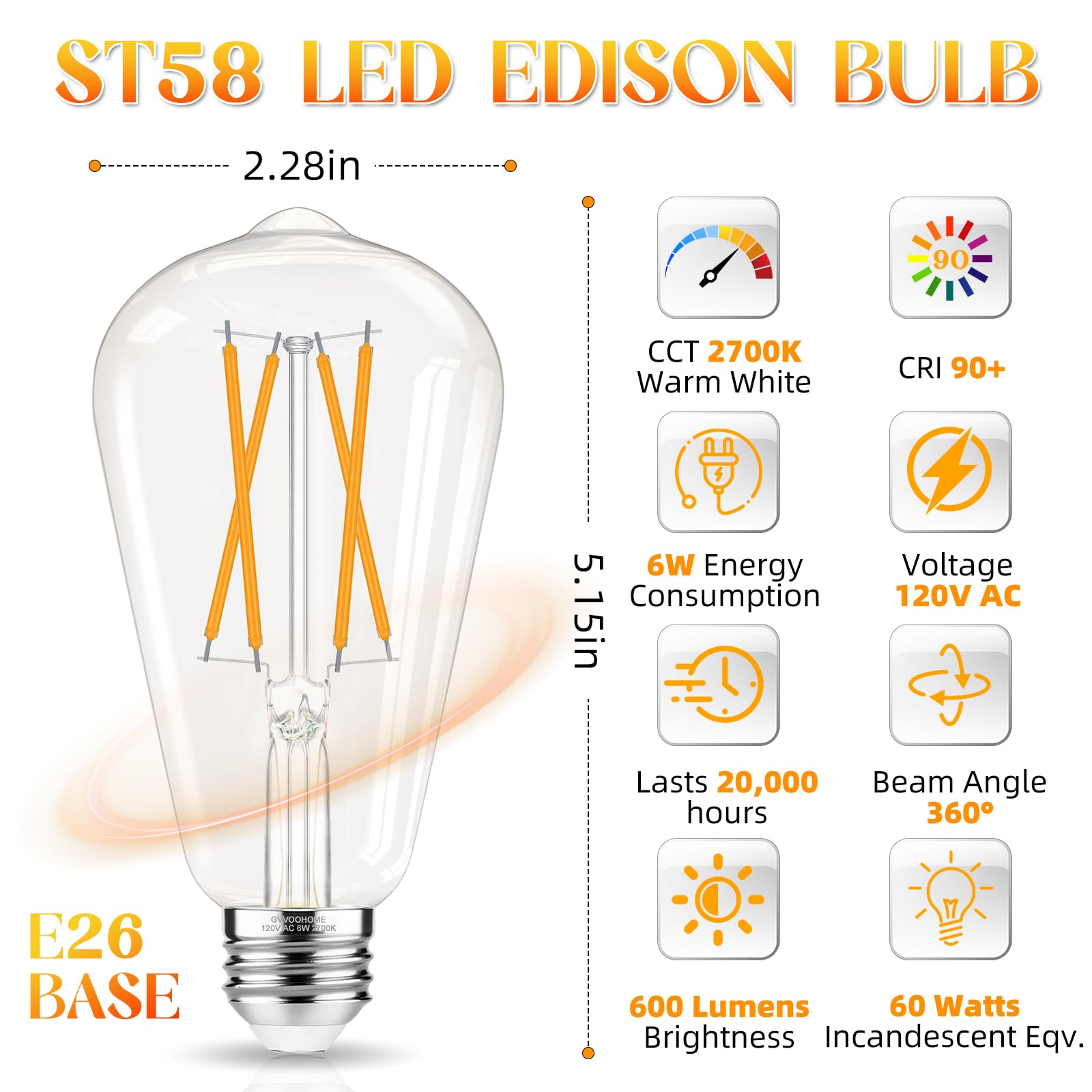 Gvvoohome Edison Bulbs 60 Watt Led, Vintage Light Bulbs Non-Dimmable, 2700K Warm White, St58 E26 Led Bulb, 90+ Cri, E26 Medium B