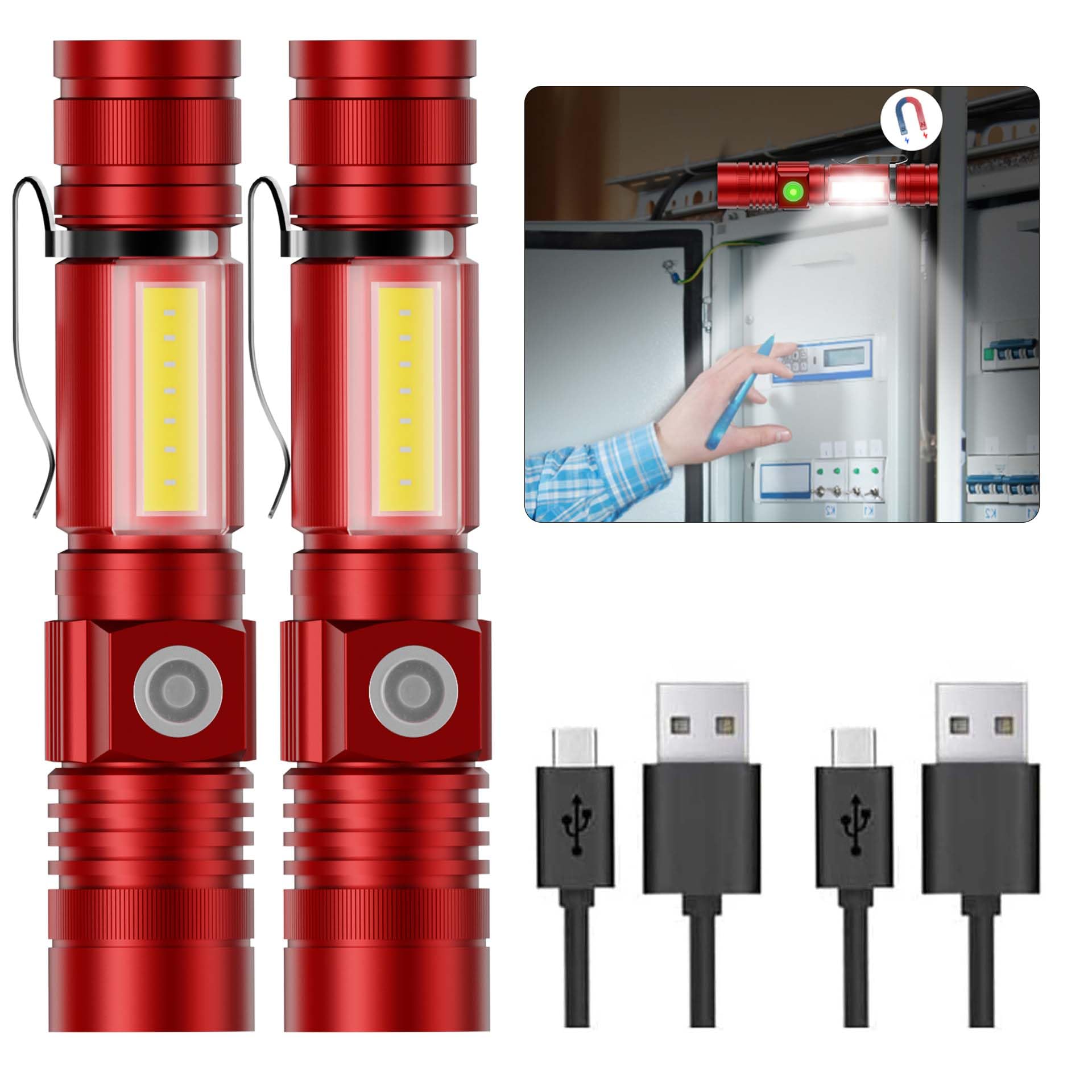 Flashlight USB Rechargeable, Magnetic LED Flashlight, Super Bright LED Tactical Flashlight with Cob Sidelight, 2000LM, Waterproo