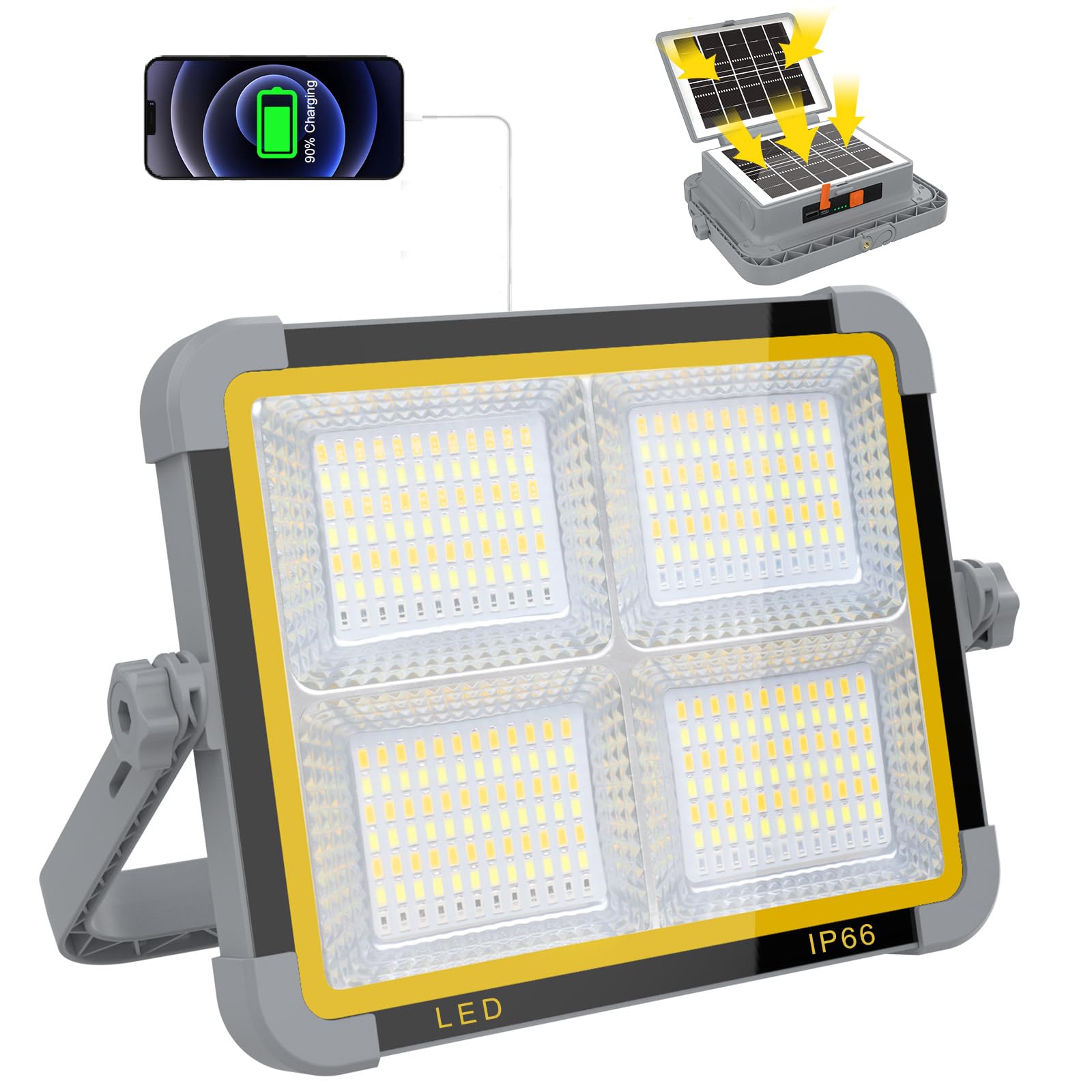 ERAY Rechargeable LED Work Light, 9000mAh Battery, Dual Solar Panels, Model SM-S8, Grey