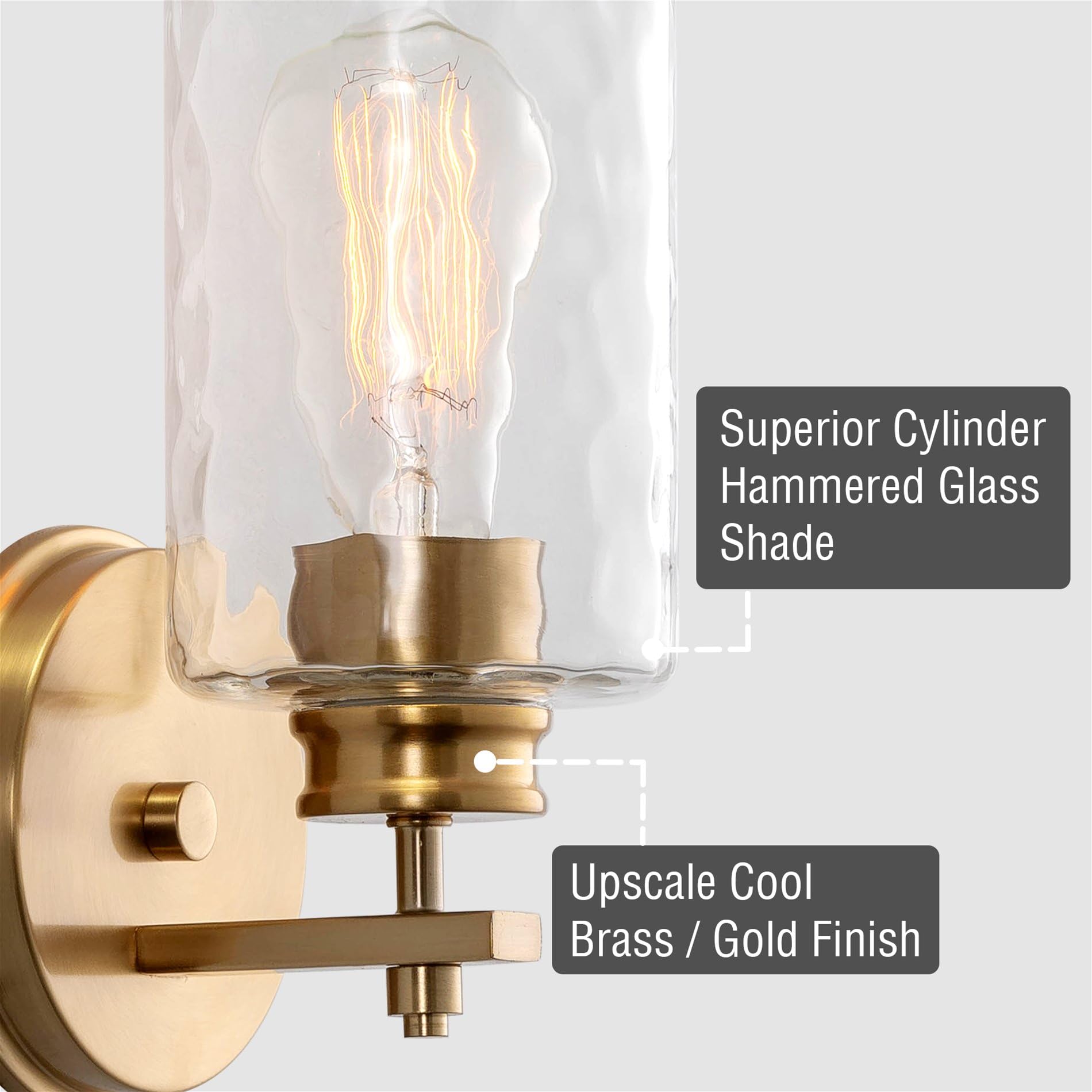 Kira Home Phoebe 10'' Modern Wall Sconce/Vanity Light + Clear Hammered Glass Shade, Cool Brass Finish