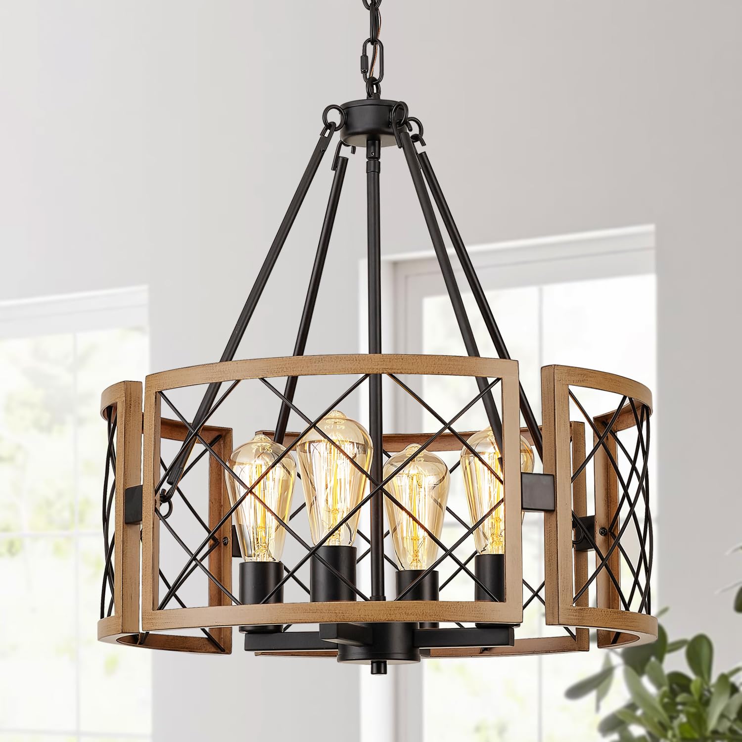 Santostock D19'' Farmhouse Chandelier For Dining Room, 4-Light Adjustable Kitchen Island Lighting, Vintage Hanging Pendant Light Fixtures For Entryway Foyer Bedroom Hallway, Black & Dark Oak