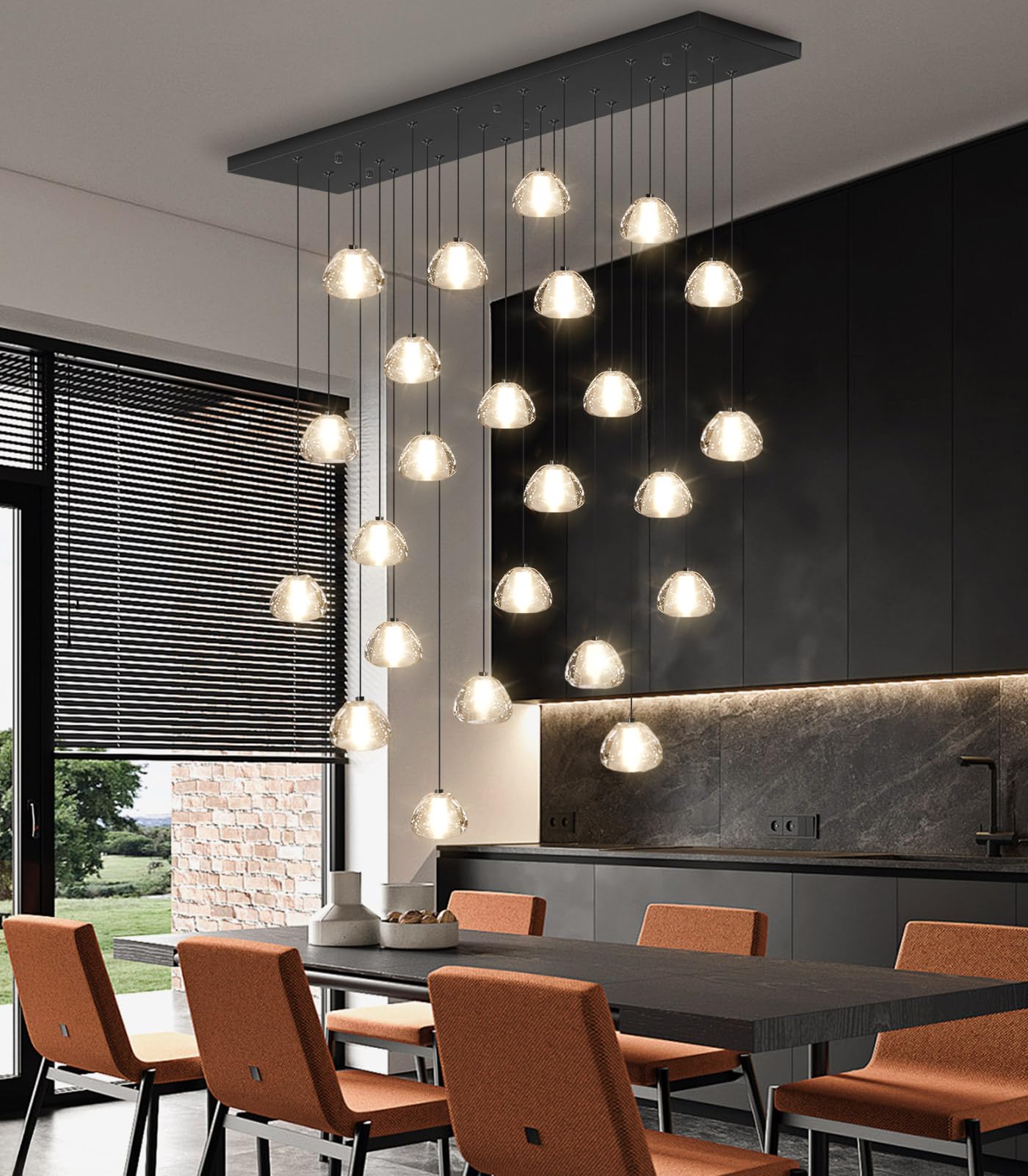 dolria 24-Lights Rectangular Crystal Chandelier Pendant Light - Black Metal Fixture for Living Room, Hotel, Staircase, Foyer, Bedroom - PC0010-24B-Chang