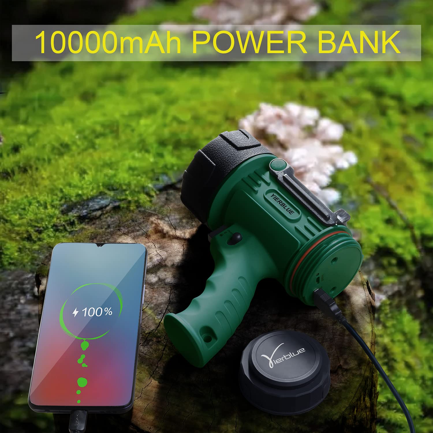 YIERBLUE Rechargeable LED Spotlight 1000000 Lumens, 20Hrs Runtime, IP67 Waterproof, Green-L, Model F-010