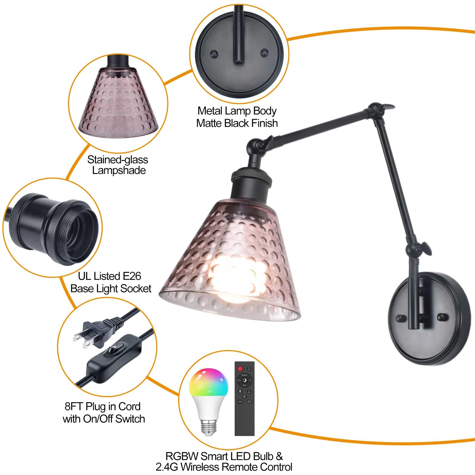Swing Arm Wall Sconce Set of 2, Polka Dots Glass Lampshade, Adjustable Brightness Temperature Wall Lamp with Remote Control LED