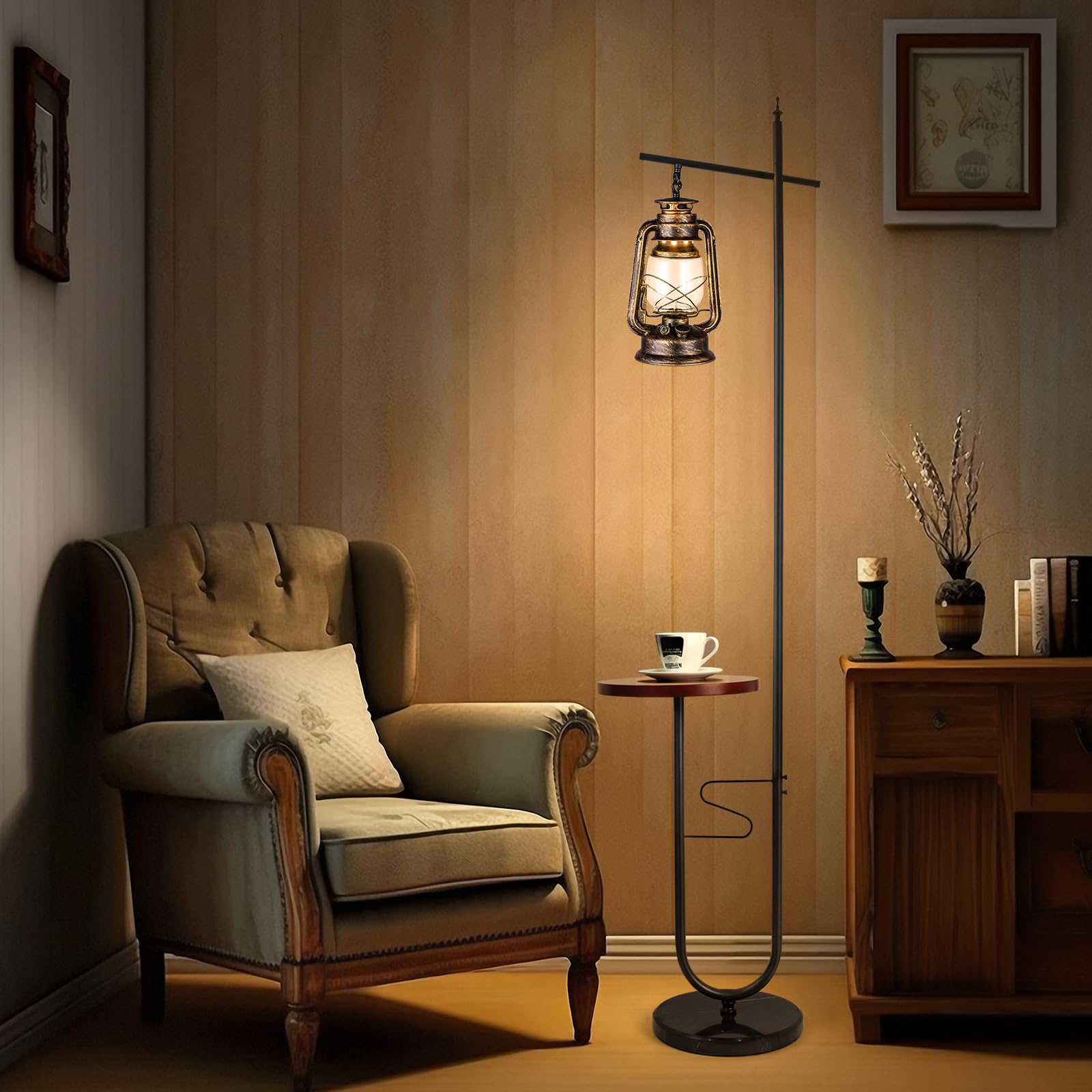 workluurop Vintage Floor Lamp with Table, Rustic Bronze Lantern Design for Living Room, Bedroom, Reading Room