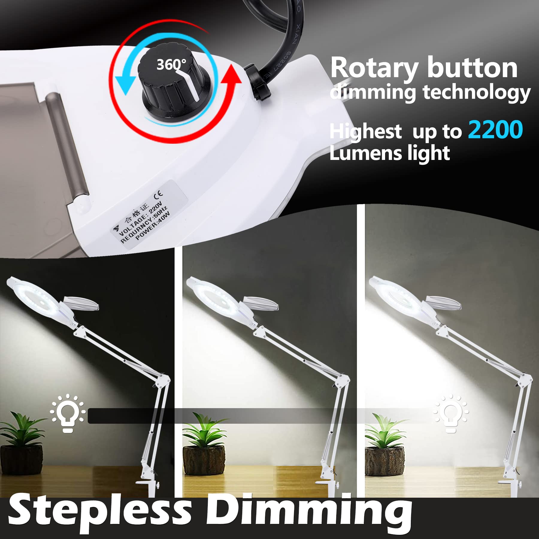 KIRKAS 10X LED Magnifying Lamp, 2200 Lumens Dimmable, Adjustable Arm, White, Model Addie-4, Plastic/Metal/Glass