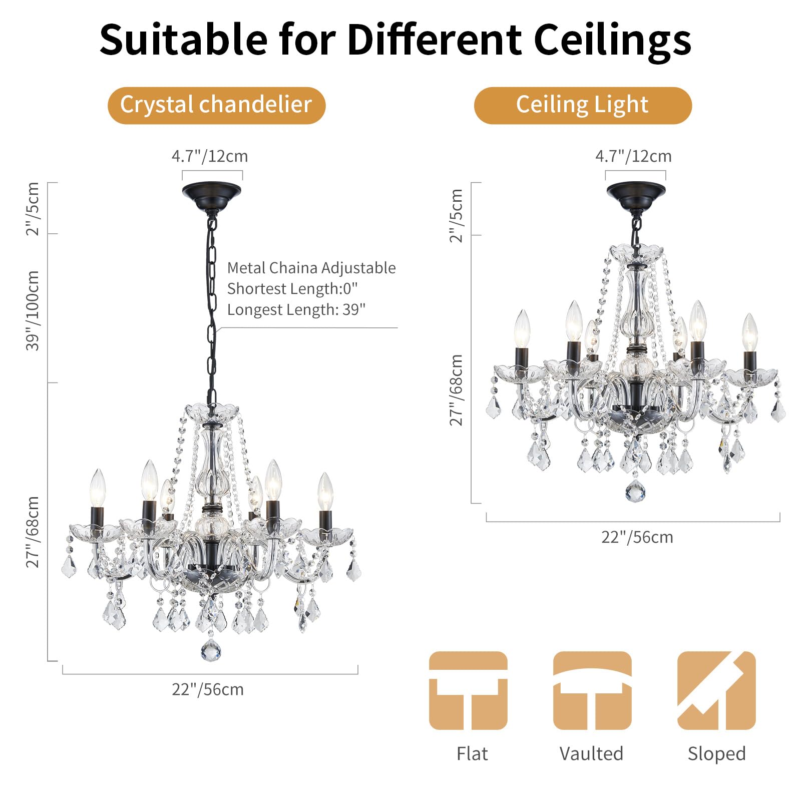 Crystal Chandelier Light Fixture, Modern K9 Crystal Chandeliers For Dining Room, 6-Lights Black Ceiling Light, Adjustable Hangin
