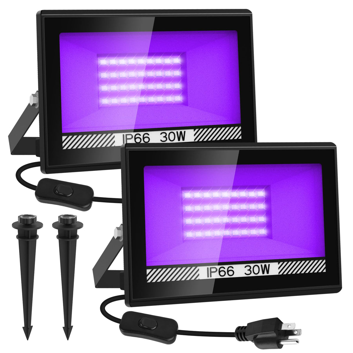 CREPOW 30W Black Lights, 2 Pack LED Blacklight Flood Light with Plug, IP66 Waterproof Black Lights for Glow Party, Glow in The D