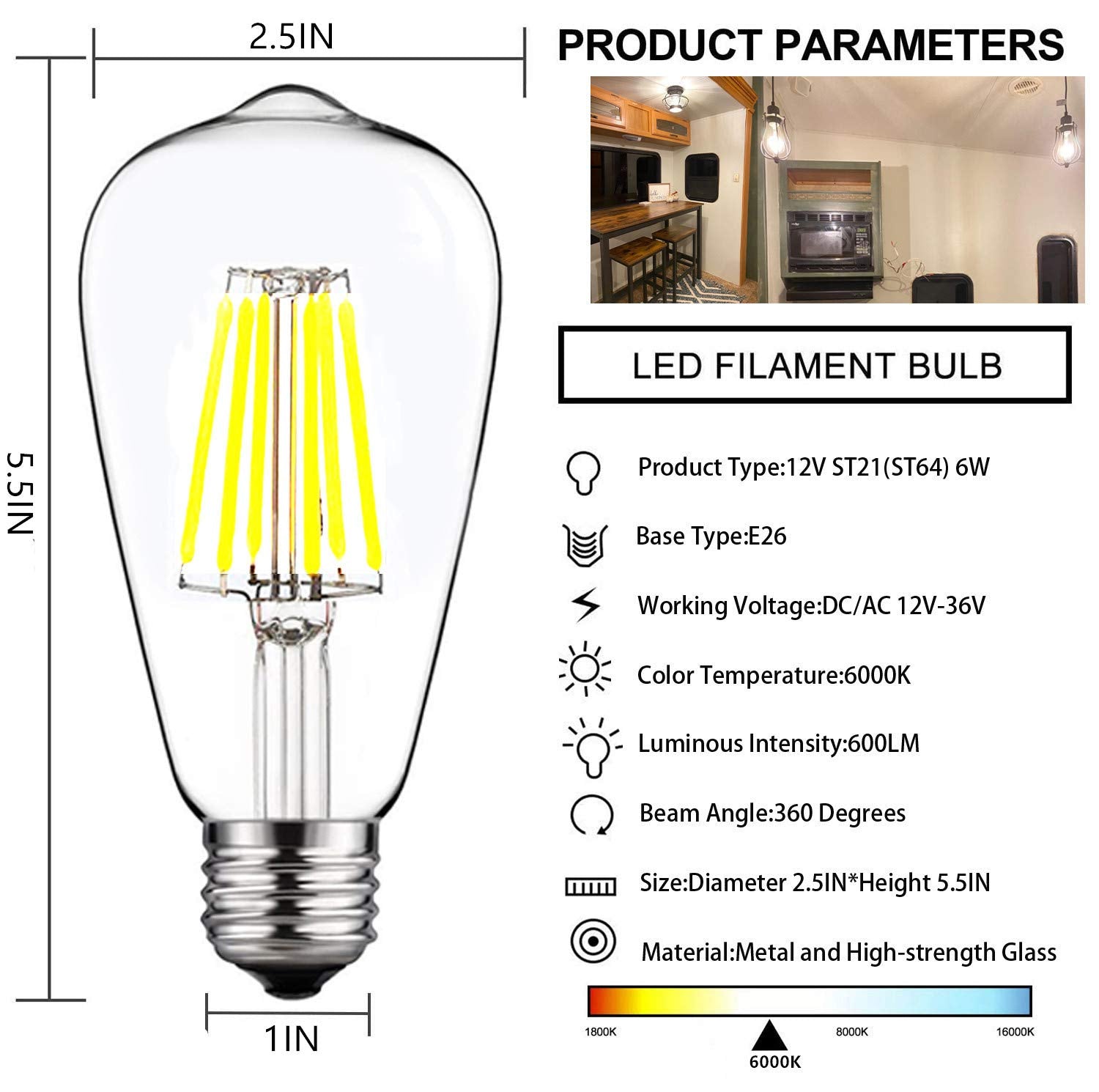 Shuwdkar 12V Edison Bulb 6W E26 12V Led Bulb Daylight 6000K 60W Equivalent, Ac/Dc 12V 24V 36V Low Voltage Led Light Bulb For Rv
