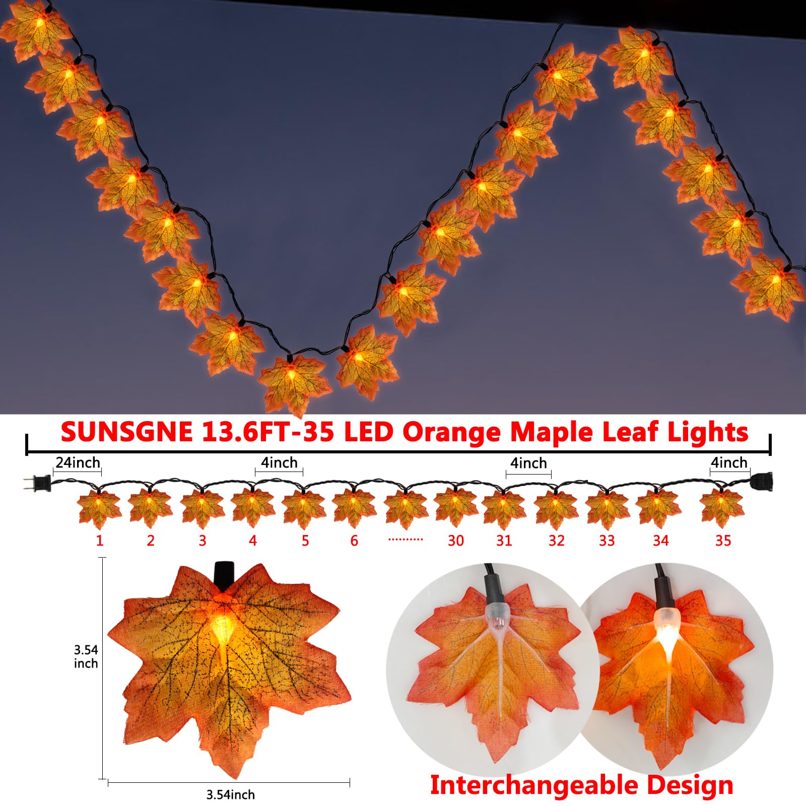 SUNSGNE Fall Lights Thanksgiving String Lights, 13.6FT 35LED Orange Leaf Lights Plug-in Fall String Lights for Thanksgiving Frie
