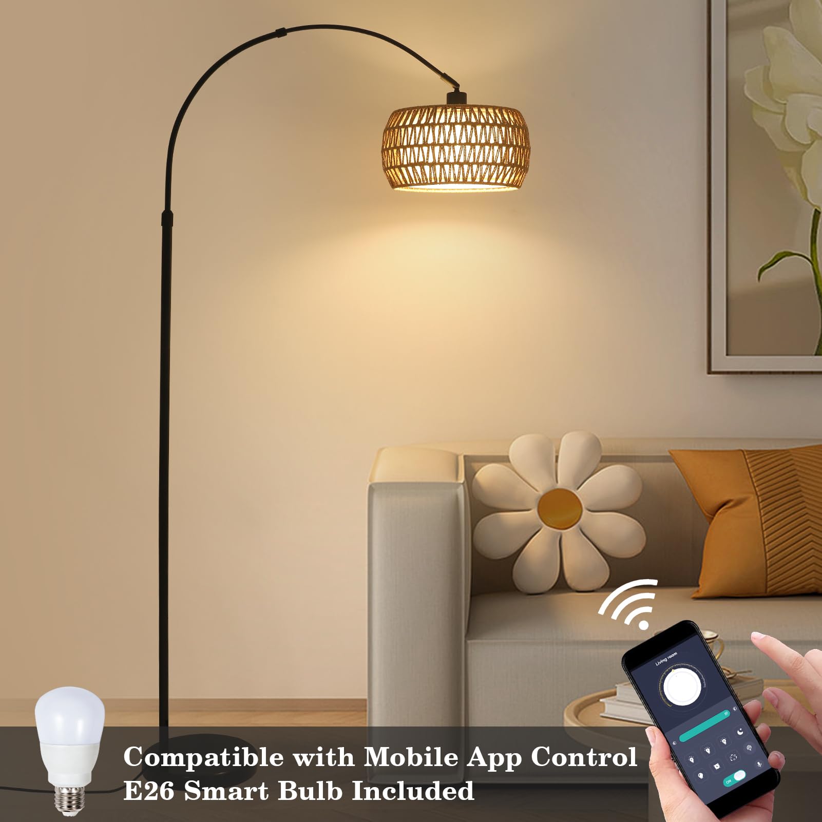 Arc Floor Lamps For Living Room With 3 Color Temperatures, Black Standing Lamp With Remote & Dimmable Led Bulb, Rattan Boho Floo