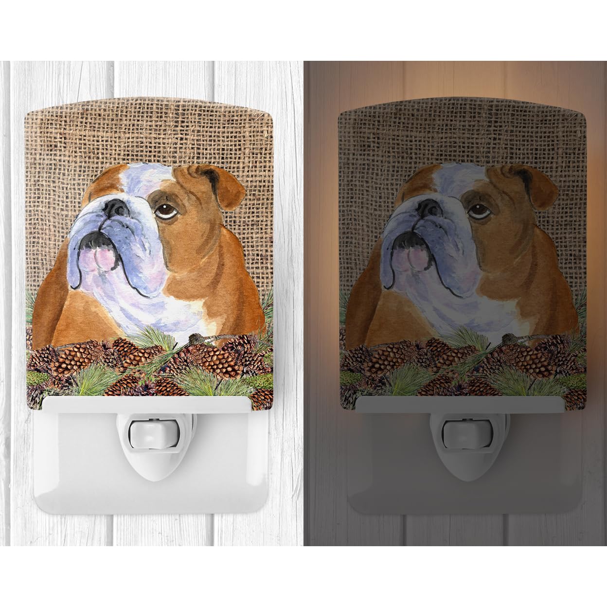 Carolines Treasures Ceramic Night Light, Bulldog English, 6x4x3 inches, Model SS4082CNL, Faux Burlap with Pine Cones, UL-Certified