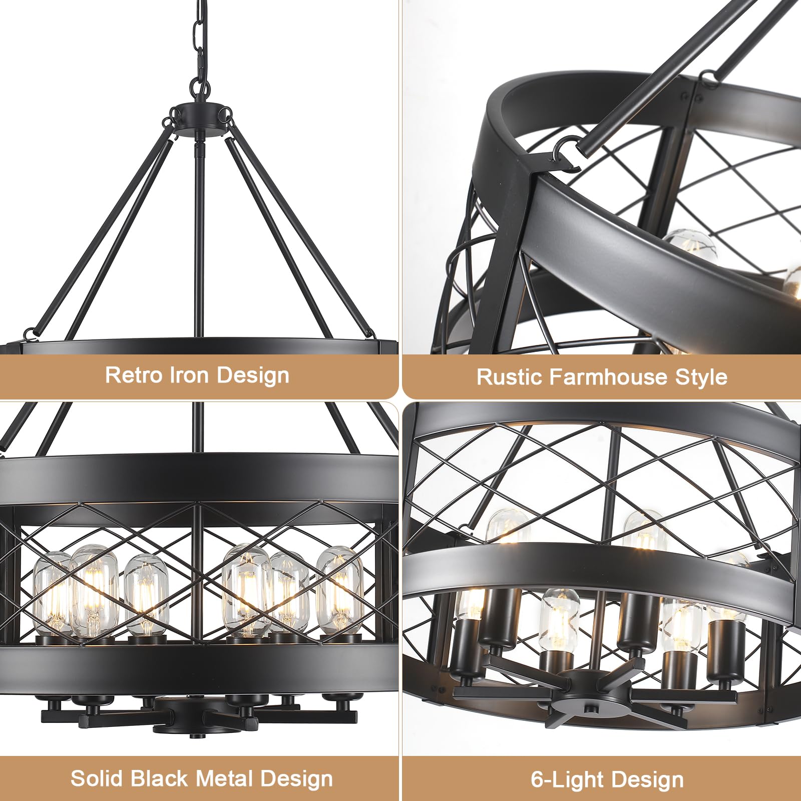 Kostomo Black Chandelier 6-Light Adjustable Farmhouse Chandelier Dining Room Light Fixture Kitchen Island Lighting Drum Rustic H