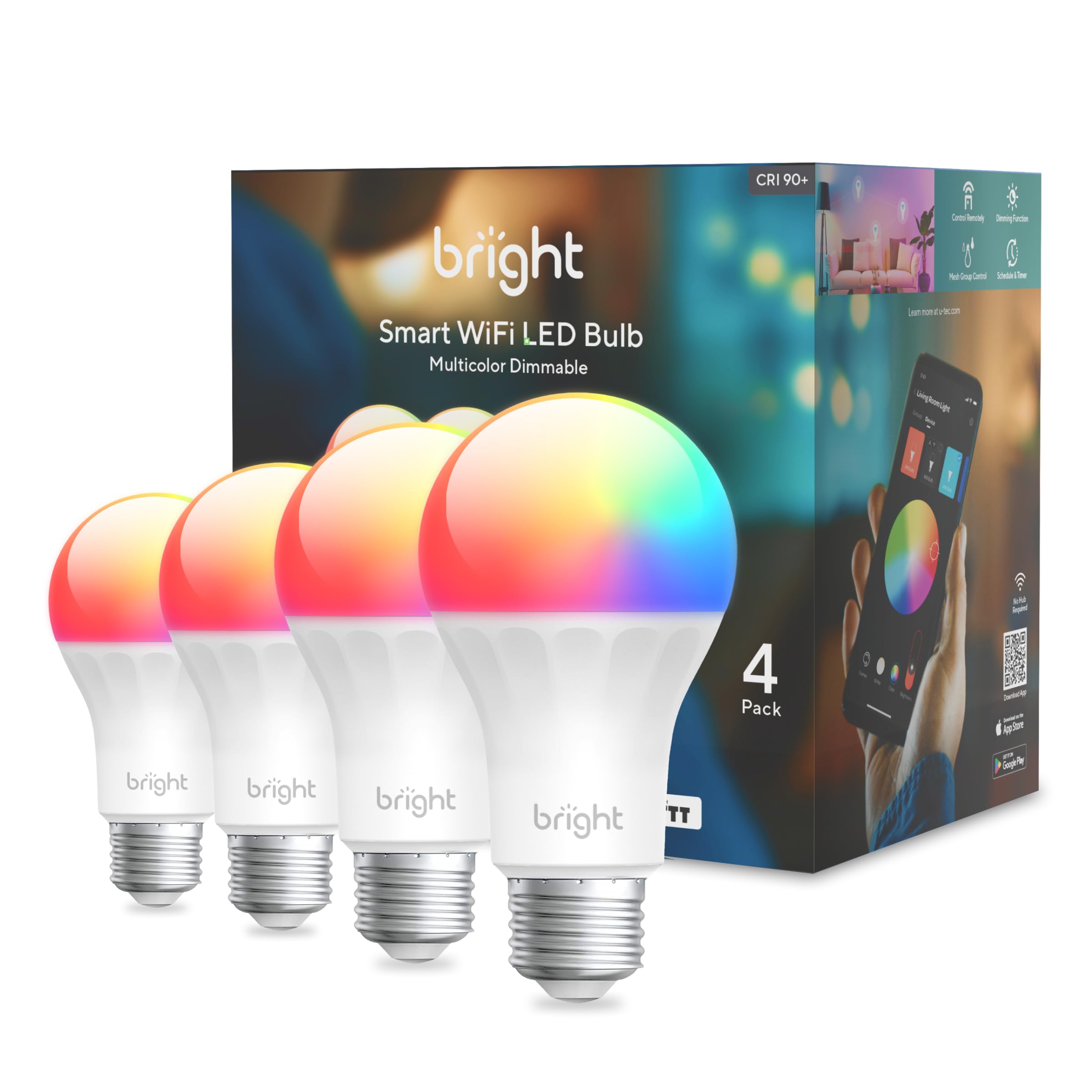 U-tec Smart Light Bulbs A19-C1, 1100 Lumen, WiFi & Bluetooth, 4 Pack, RGB Color Changing, White, 90+ CRI