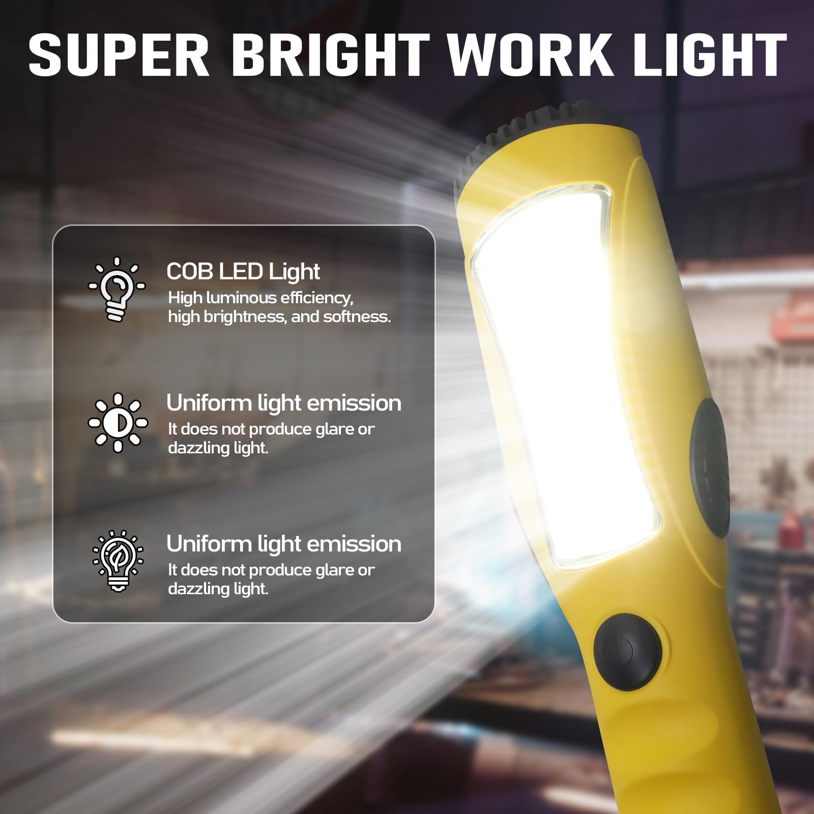 Ep 15 Ft Led Work Light, 1200 Lumen Cob Led Trouble Light - 16 Gauge Sjtw Indoor Outdoor Extension Cord, Handheld, Magnetic Base, Rotatable Hanging Hook - Yellow