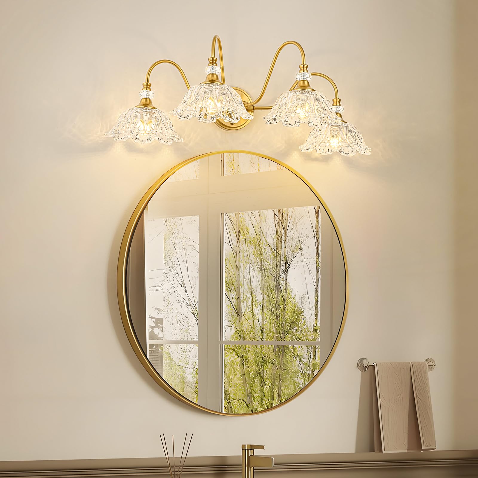 sunkryster 4-Light Gold Bathroom Vanity Light, Floral Glass Shades, Metal, Model Sun-104AB-4-Gold