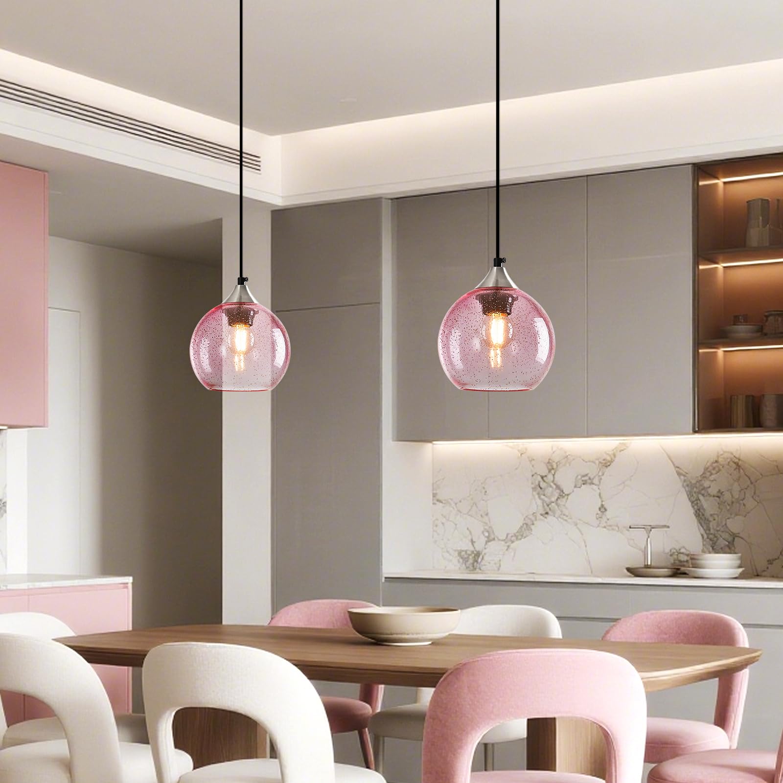 Lbsqj Pink Glass Pendant Lights Kitchen Island Globe Pendant Light Fixtures Modern Pendant Lighting For Bedroom Living Dining Room Light Fixture (5.9 In  2 Pack)