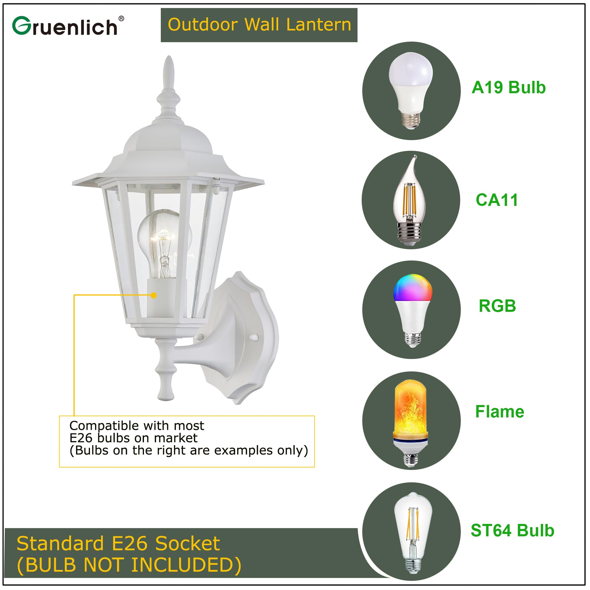 GRUENLICH Outdoor Wall Lantern, Waterproof Aluminum Sconce, E26 Base, White Finish, 1 Pack, Model GR-WL003