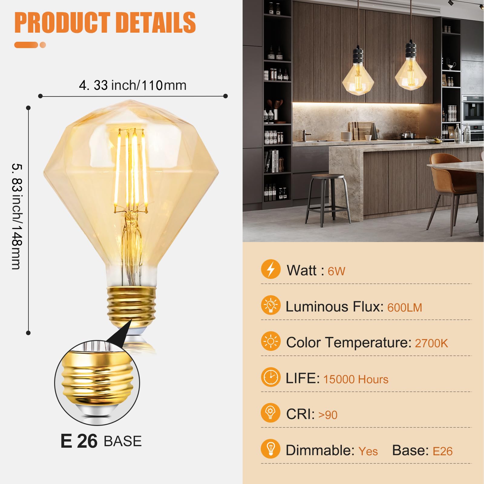 SD LUX Vintage LED Edison Bulb 6W 600LM Dimmable G40 Globe E26 Warm White 2700K 1 Pack