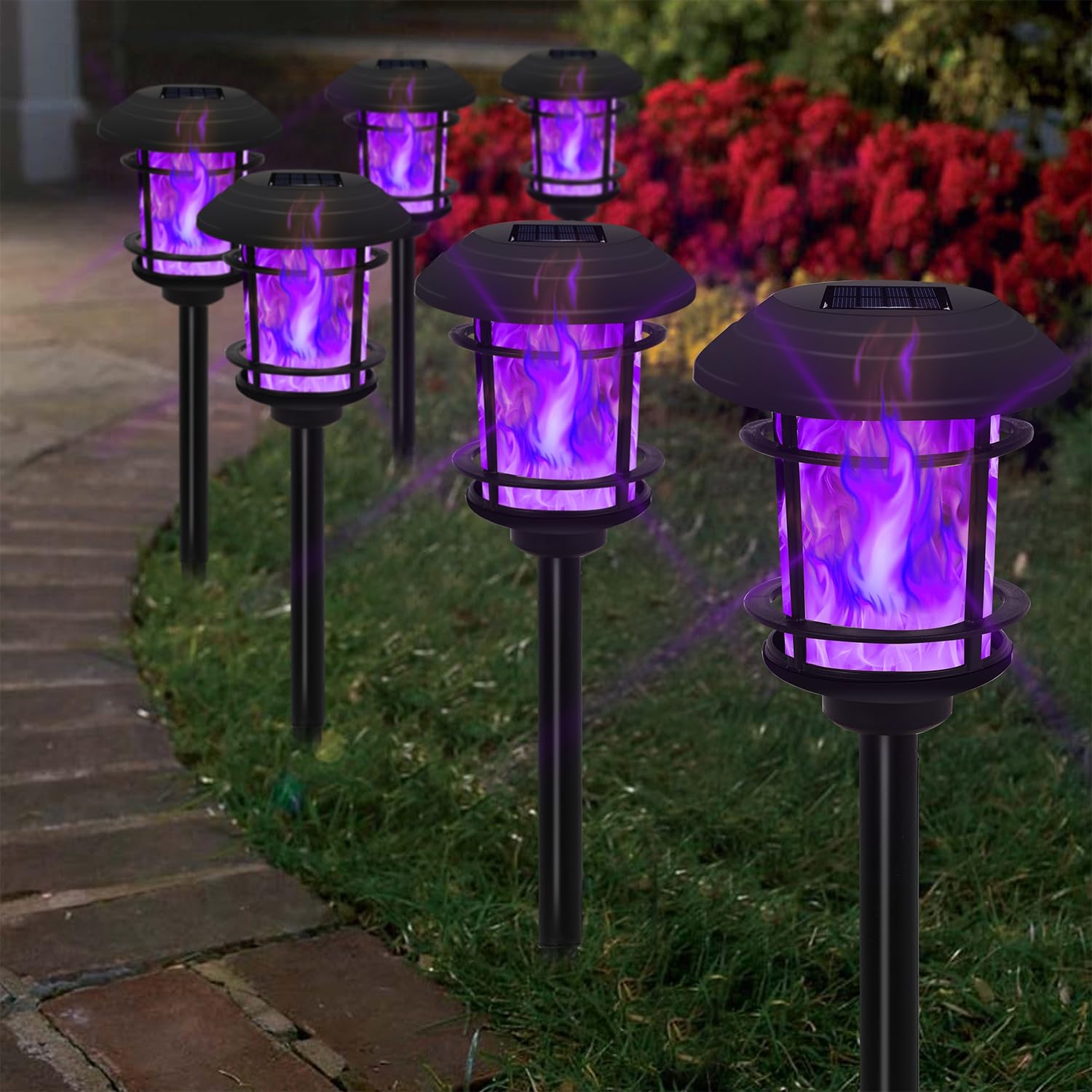 Dynaming 6 Pack Solar Flame Torch Lights Outdoor, Dual Use Flickering Purple Flame Garden Light, Hanging Lantern, Auto On/Off & Waterproof Halloween Lighting For Lawn Patio Yard Walkway Driveway
