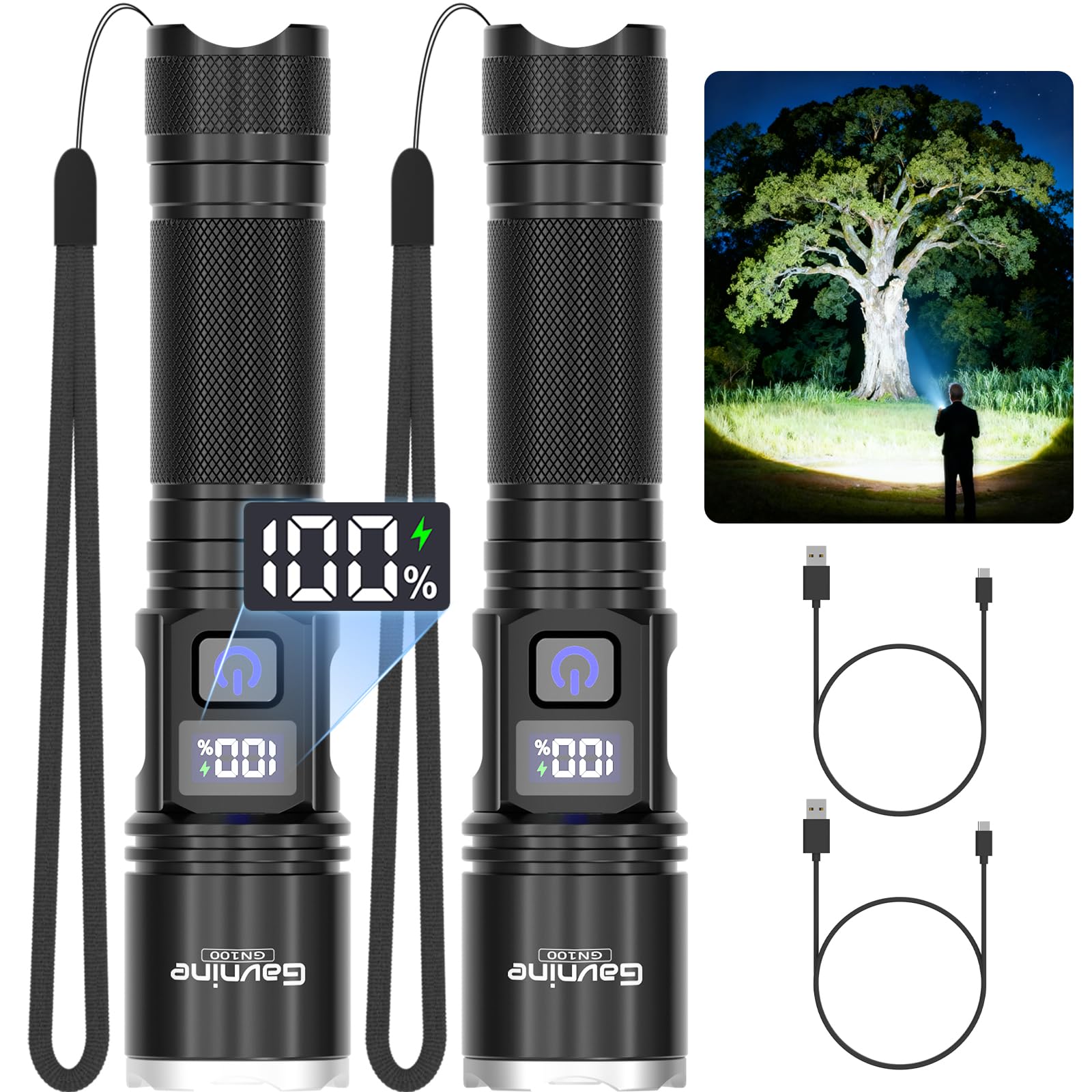 Gavnine Rechargeable Flashlights 2 Pack-Super Bright High-Lumen LED Tactical Light with LCD Display and 5 Adjustable Modes for H