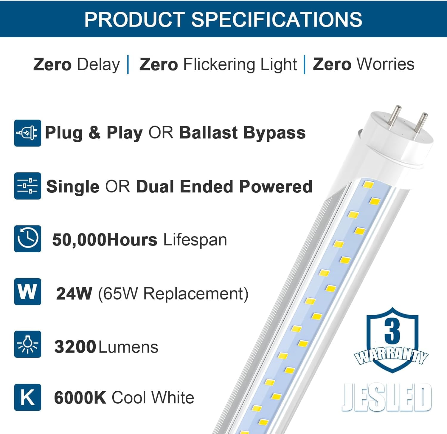 JESLED 4FT LED T8 Tube Lights, 24W (65W Equivalent), 3200LM, 6000K, Plug and Play/Ballast Bypass, 4