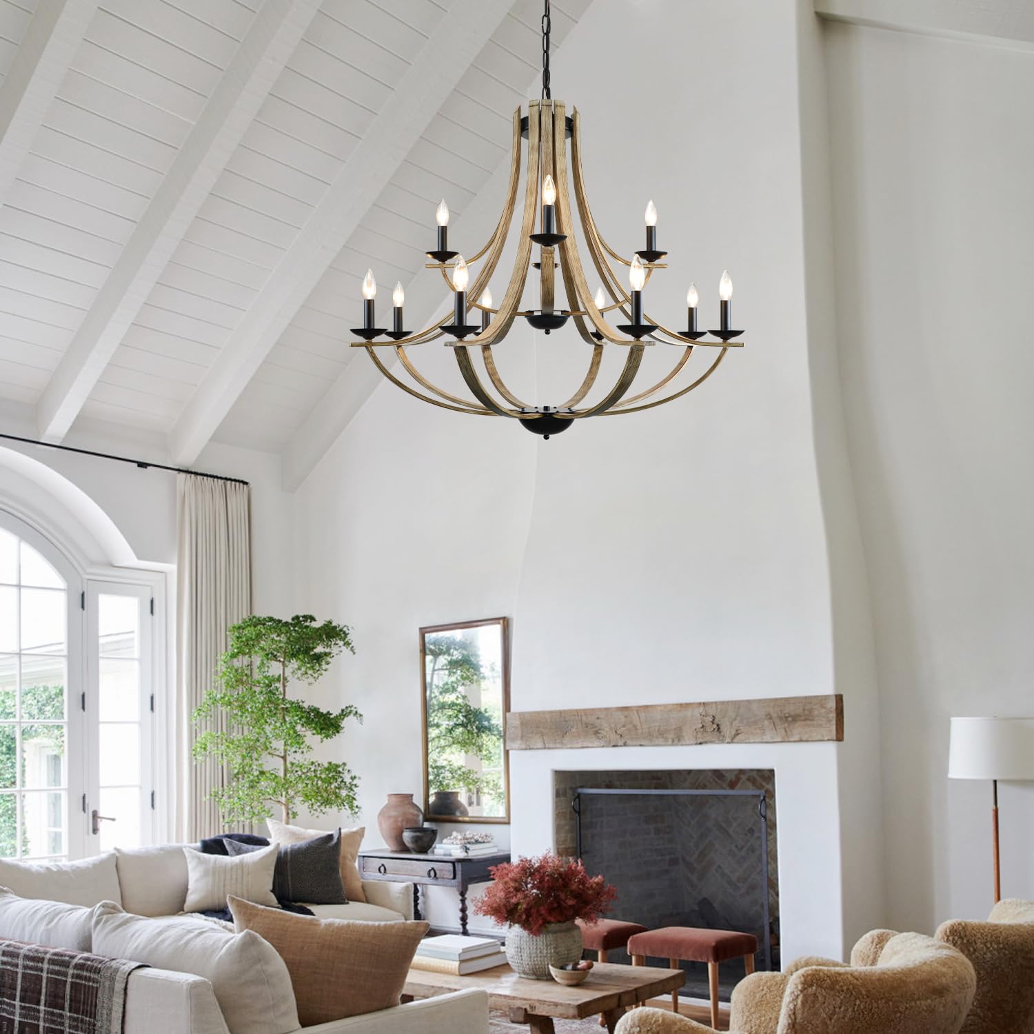 LAMPKEDUO Farmhouse 2-Tier Chandelier, 12-Light, Adjustable Height, Rustic Faux Wood, Black, Model S9901-8+4