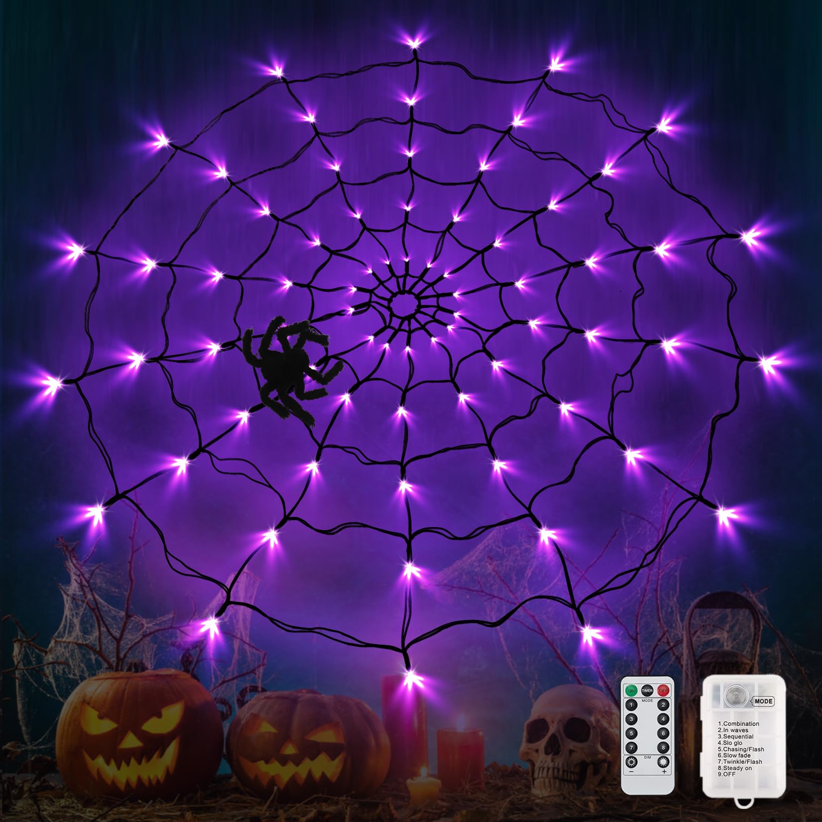 Sunmile Halloween Decorations Outdoorspider Web Lights - 4Ft Diameter 90Led With Black Spider, Waterproof Net Lights, Remote Con