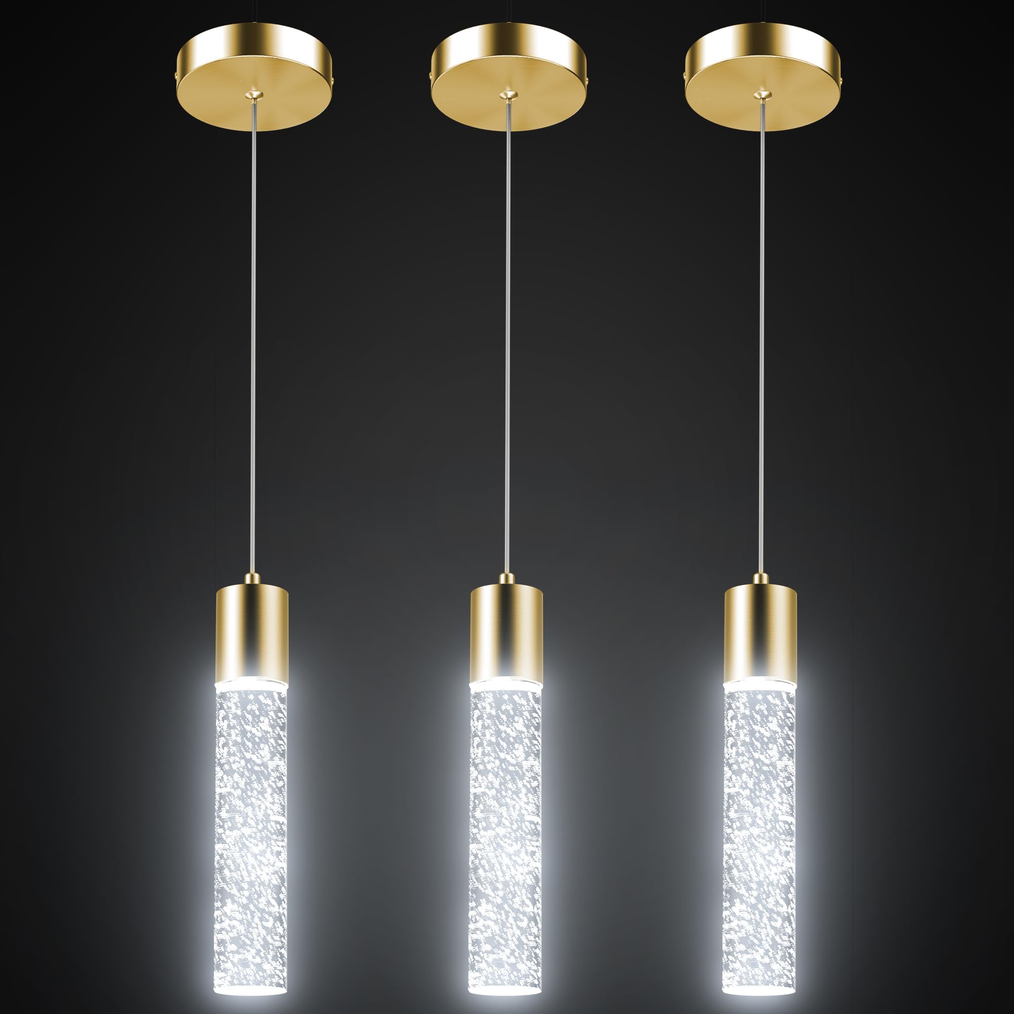 Esfos Pendant Lights Kitchen Island 3 Pack, 6500K Modern Kitchen Island Lights Ceiling Lighting Fixtures with Crystal Bubble, In