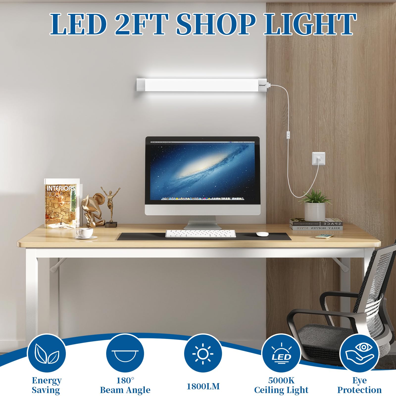 Airand 2FT LED Shop Light Fixture, Linkable Under Cabinet Lighting, 5000K, White, 18W, Corded with ON/OFF Switch