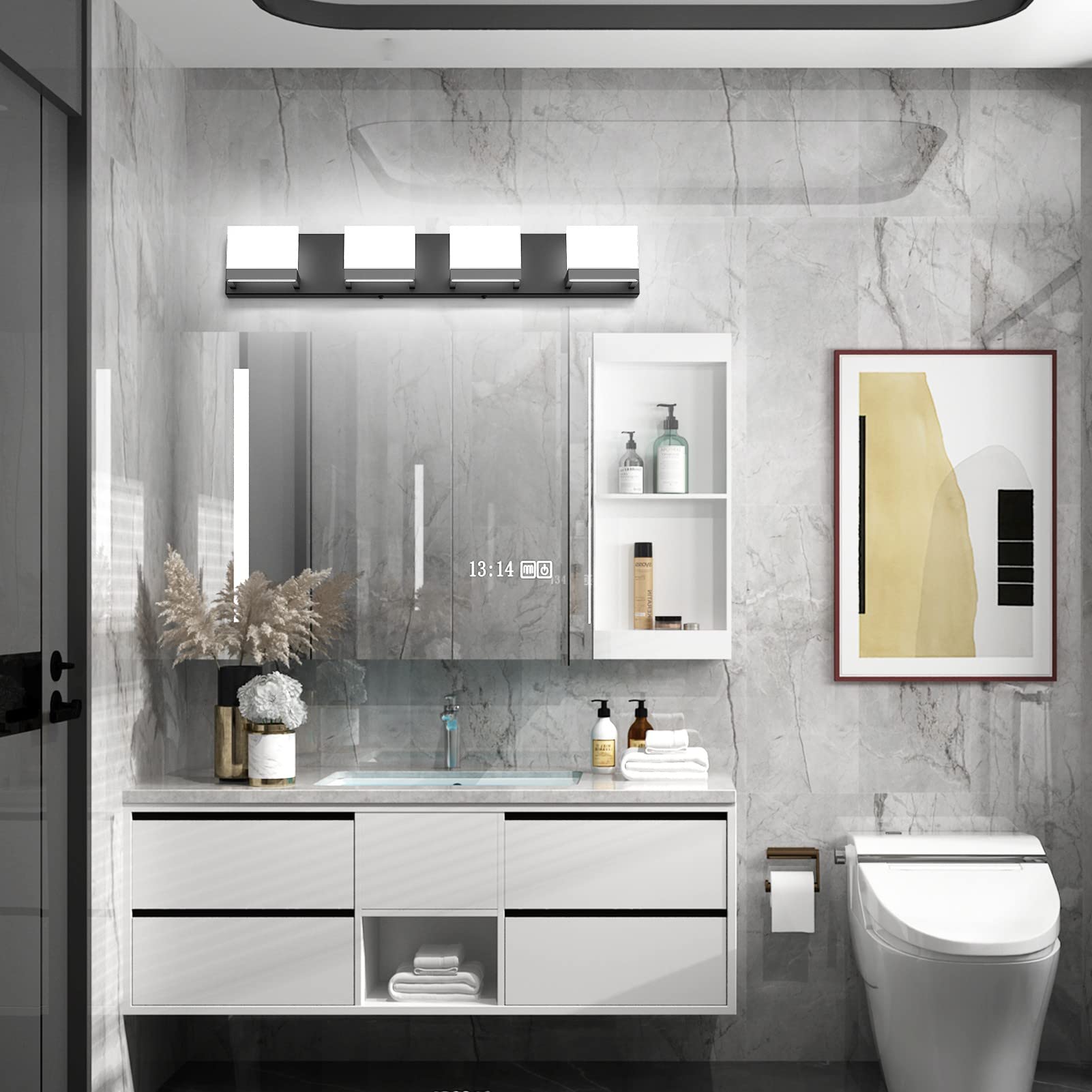 Tipace Dimmable LED Vanity Light, 4 Lights, Matte Black, Modern Bathroom Wall Fixture, Model 1103, Up and Down Design, 6000K White Light
