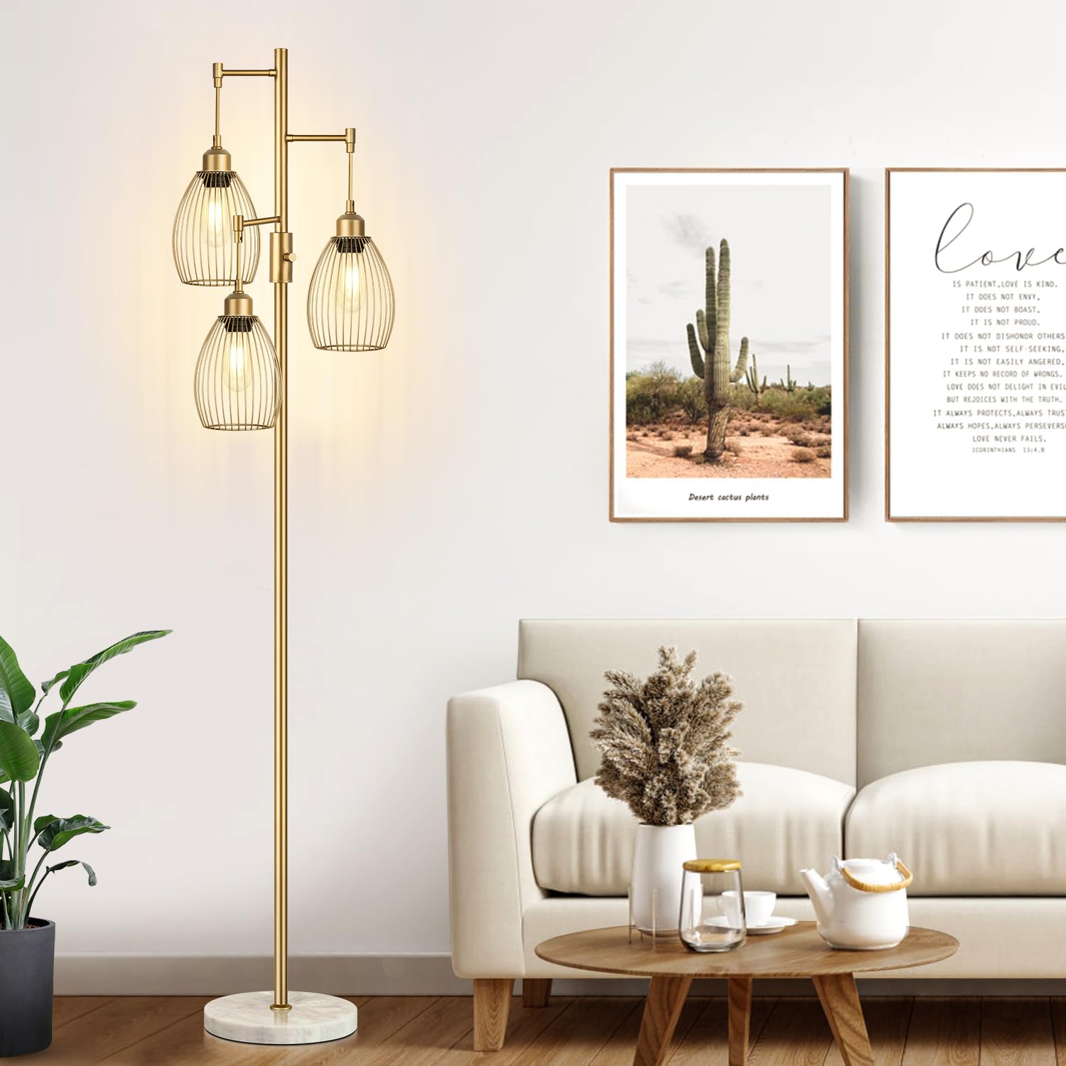 Torondo Dimmable Floor Lamp, Industrial Metal Design, 70in Gold-Marble Base, Model FL1909, with 3 Teardrop Cage Heads, 800 Lumens