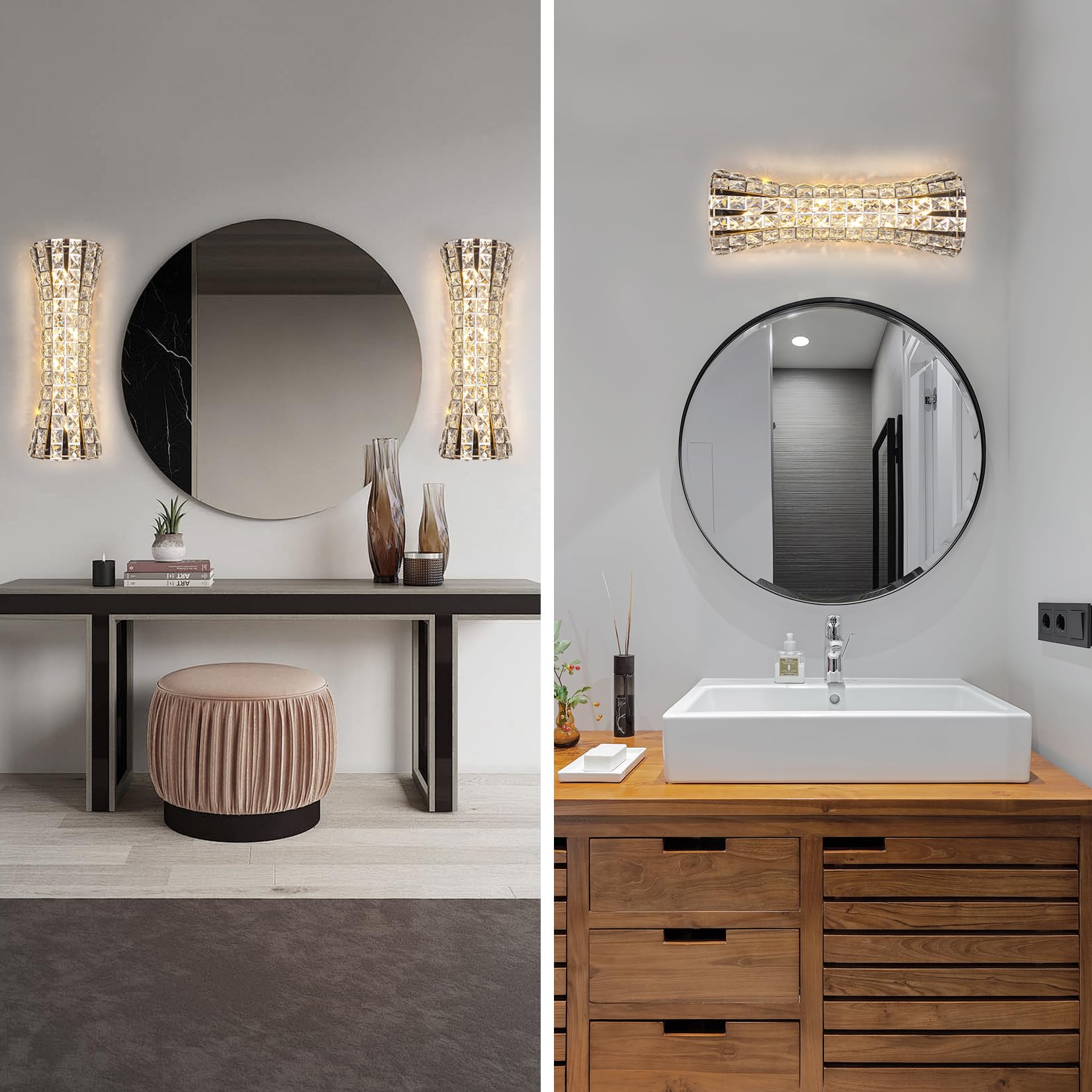 Kaiyuan Crystal Wall Sconces - Modern Chrome Lighting Fixture for Living Room, Bedroom, Bathroom, Hallway, and Stairway