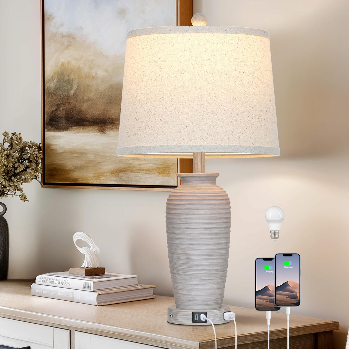 Cinsary 25 Farmhouse Jar Table Lamps, 3 Way Touch Control Rustic Bedside Lamps With Usb A+C Ports & Ac Outlet, Pot Nightstand La