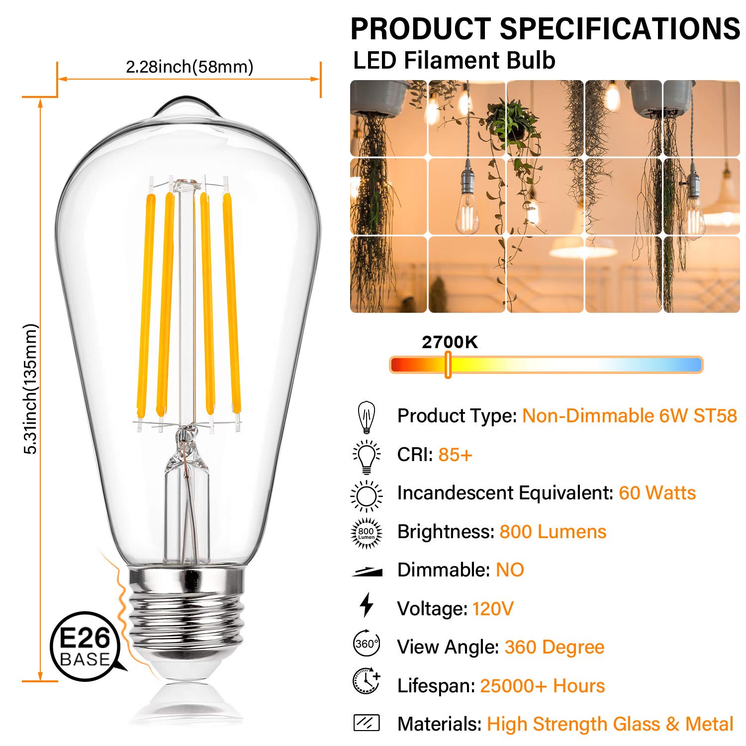 Maxvolador Vintage Led Edison Light Bulb, Equivalent 60 Watt, 6W St58 Warm White 2700K, E26 Medium Base,800 Lumens High Brightne