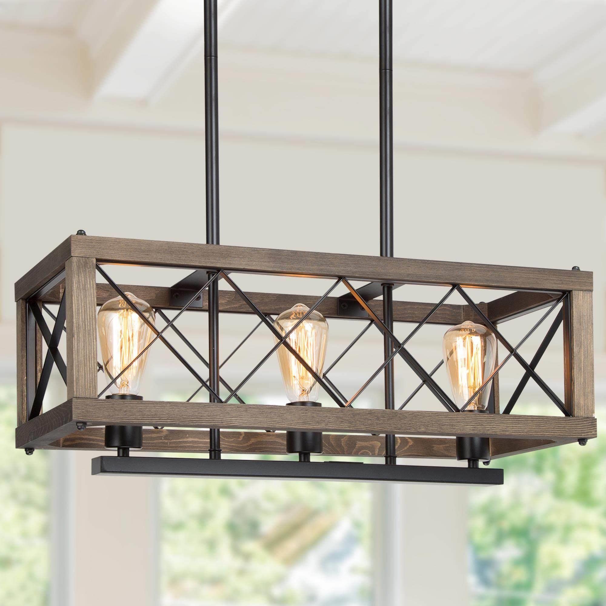 LALUZ Modern Farmhouse Chandelier, 3-Light Rectangular Fixture, Wooden Finish, 24in Hanging Light