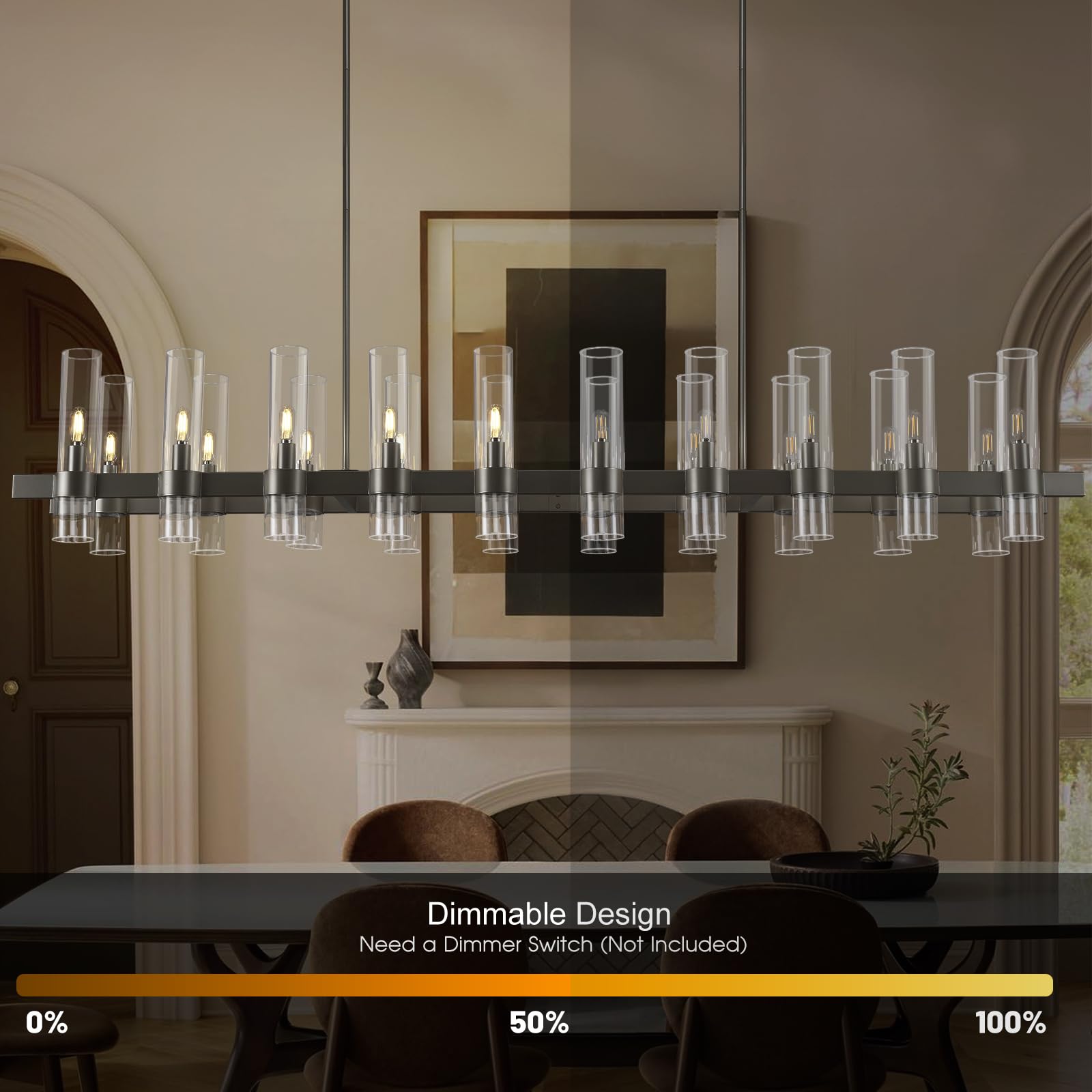 Black Linear Chandeliers For Dining Room, 68'' Rectangle Chandelier With Glass, 20-Light Dining Room Chandeliers Over Table, Bro