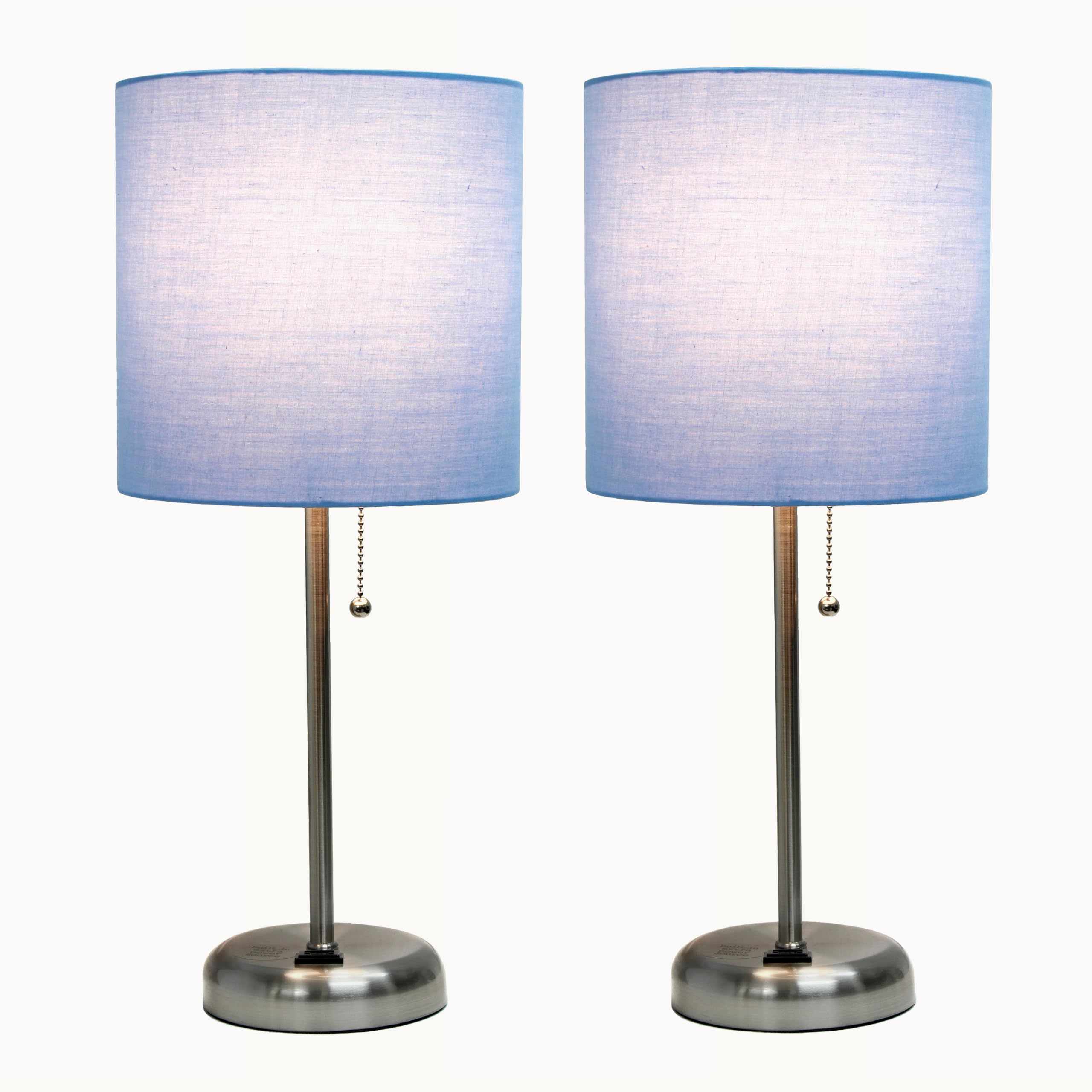 Simple Designs Lc2001-Blu-2Pk Brushed Steel Stick Table Lamp Set With Charging Outlet And Blue Fabric Shades, 2 Pack Set