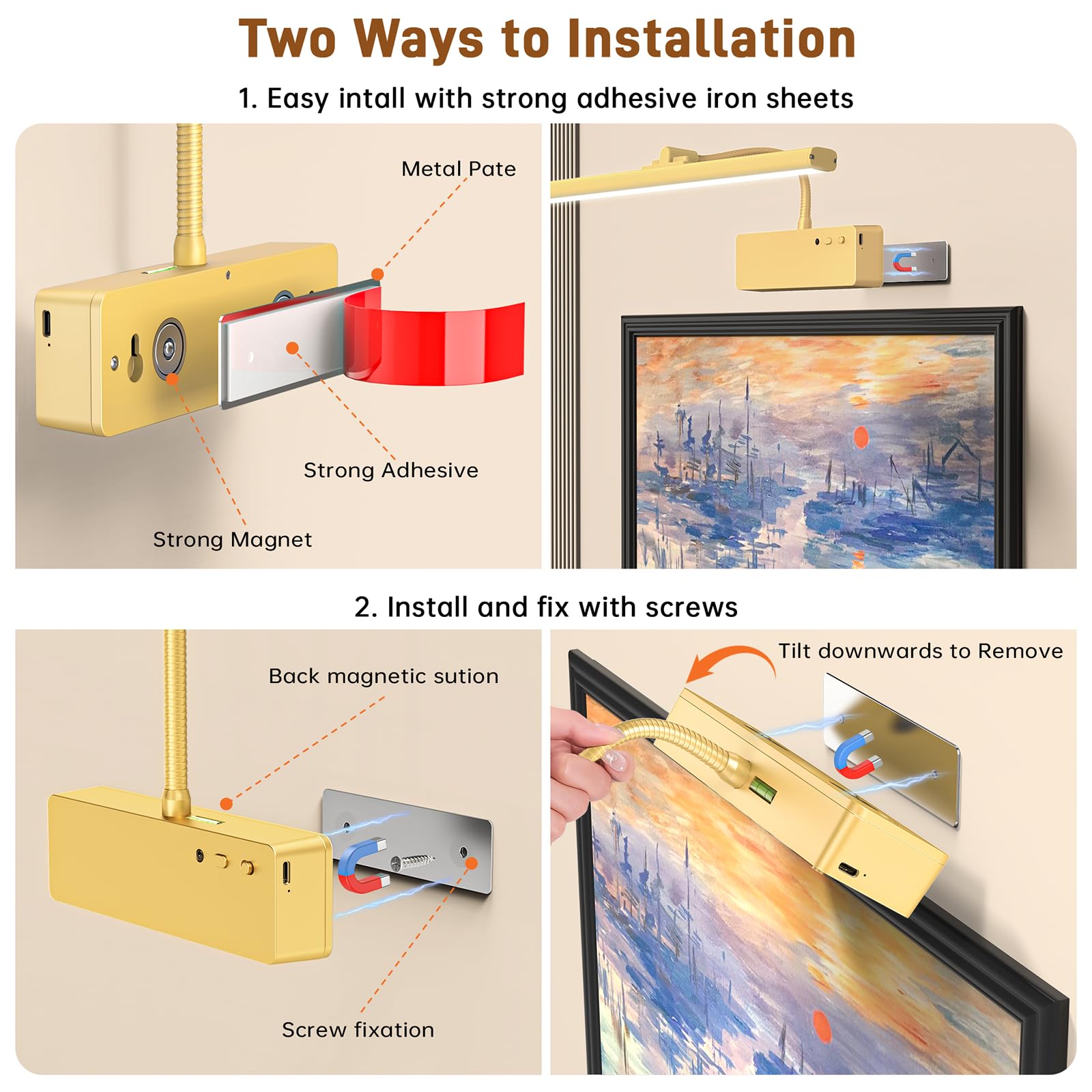 Racokky 15.35 Wireless Picture Light - Rechargeable 5400mAh Battery, Remote, 3 Color Art Lighting, Dimmable, Gold Finish for Paintings