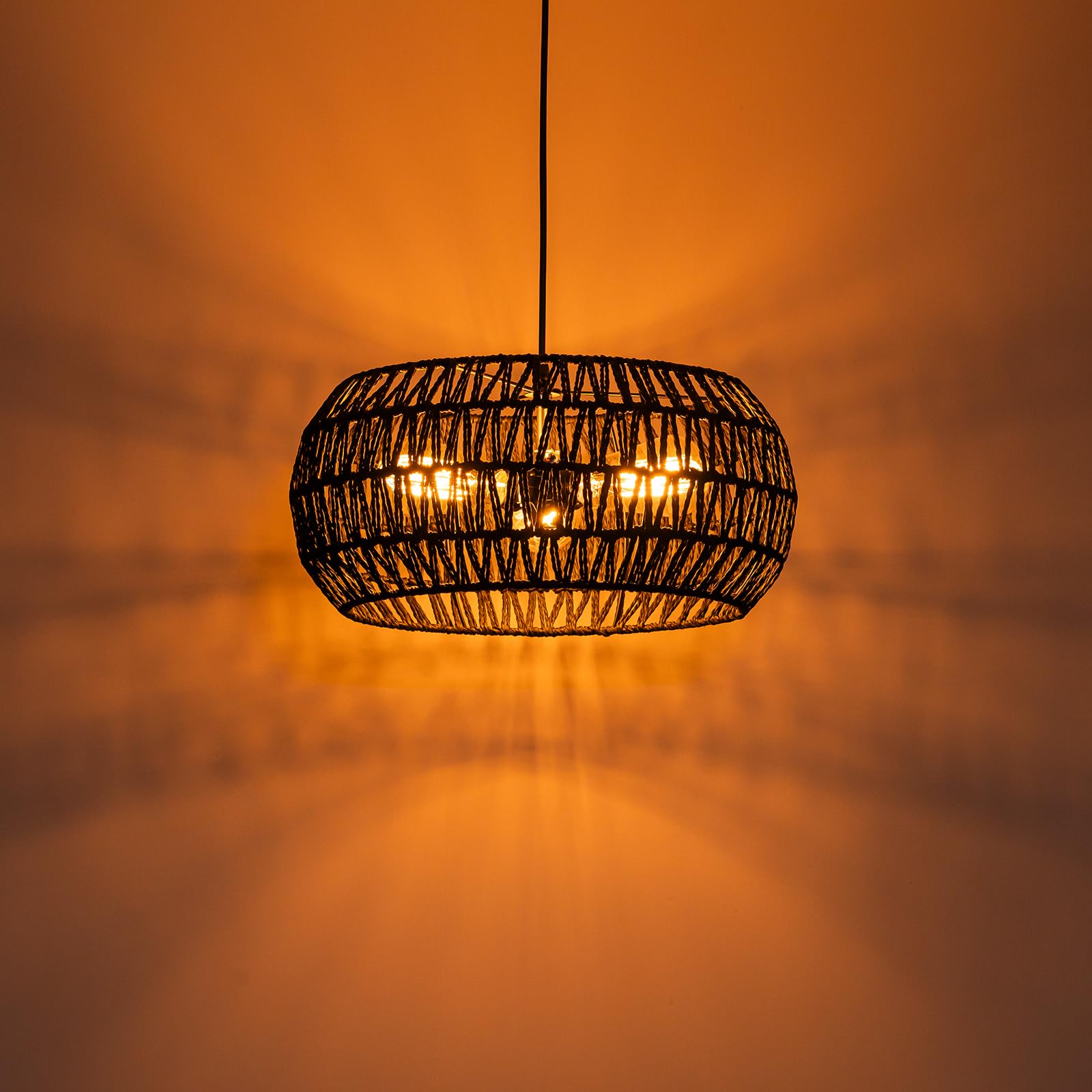 Black Boho Hanging Light Fixture Rattan Chandeliers Drum Pendant Lights For Dinning Room Wicker Chandelier Ceiling Hanging Light