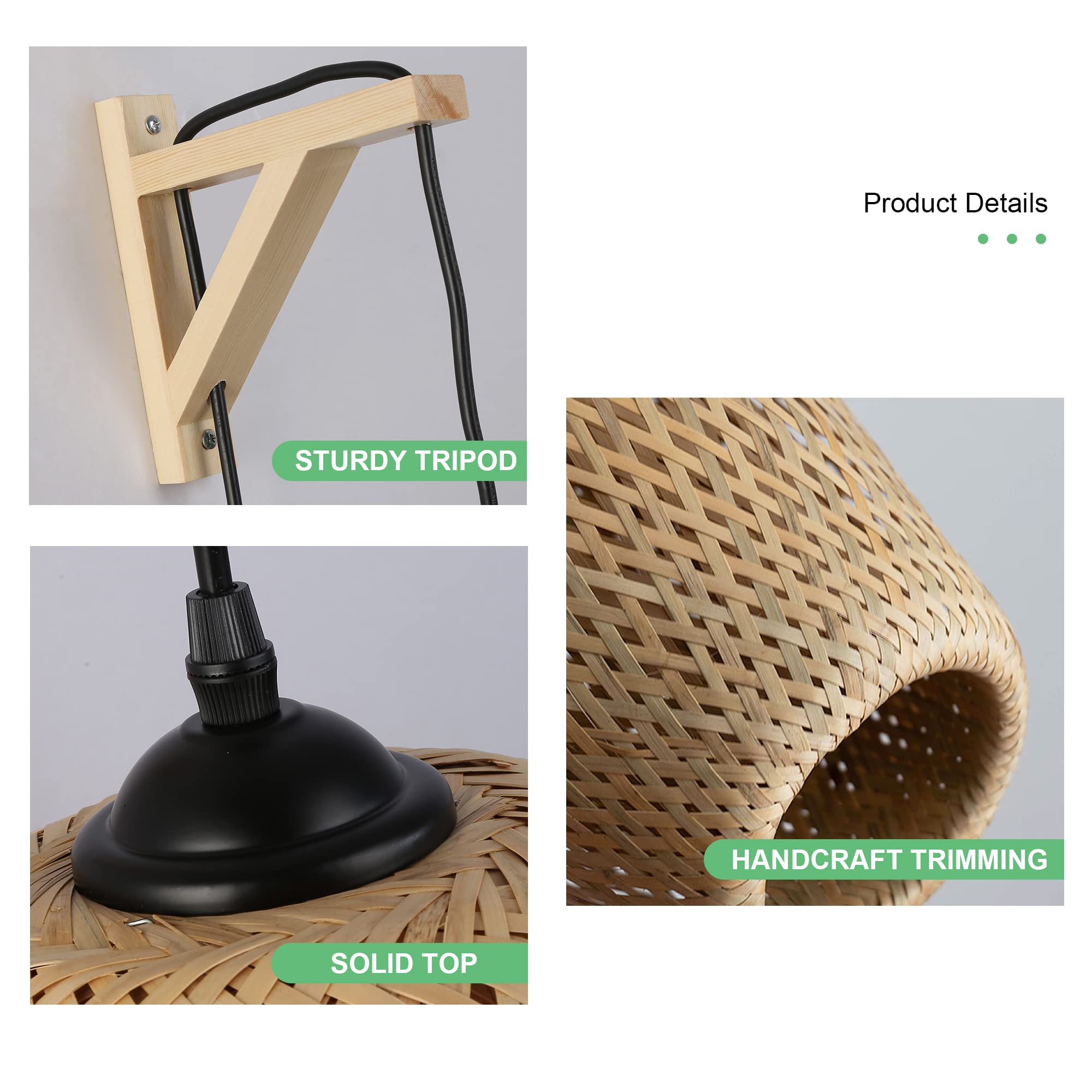 Sunllok Modern Bamboo Wall Light With Switch - Plug In Hanging Wall Mounted Lamp Rustic Woven Bird Nest Rattan Lampshade, Indoor Wood Base Wall Sconces For Living Room, Kitchen Island, Restaurant