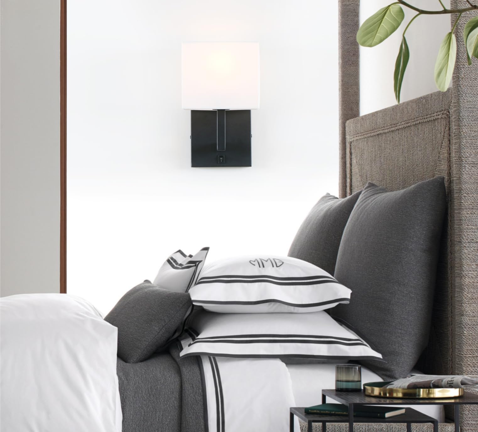 PERMO Single Wall Sconce Light Fixture Black Finish with White Textile Shades and On/Off Switch Button Small Modern Nightstand L