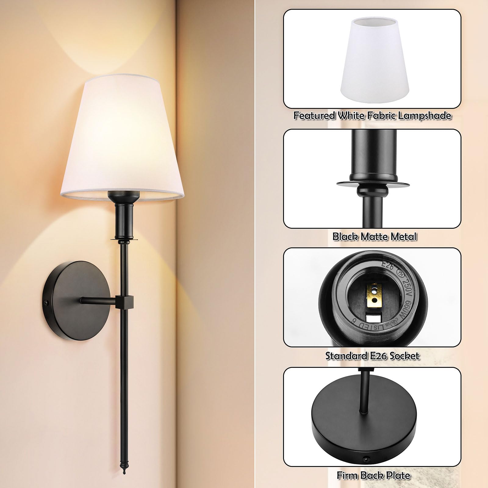 Soodmi Wall Sconces Sets Of 2, Retro Industrial Wall Lamps, Bathroom Vanity Sconces Wall Lighting With White Fabric Shades, Wall