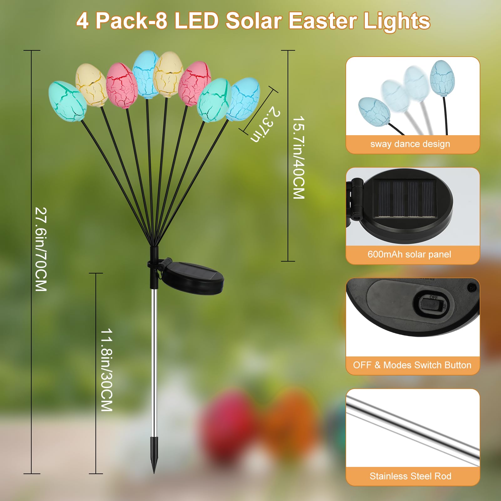echosari 4 Pack Solar Easter Egg Lights - Waterproof Colorful Garden Decor - Pink, Blue, Yellow, Green - Model S01-ES-4P-Easter-S-LED8